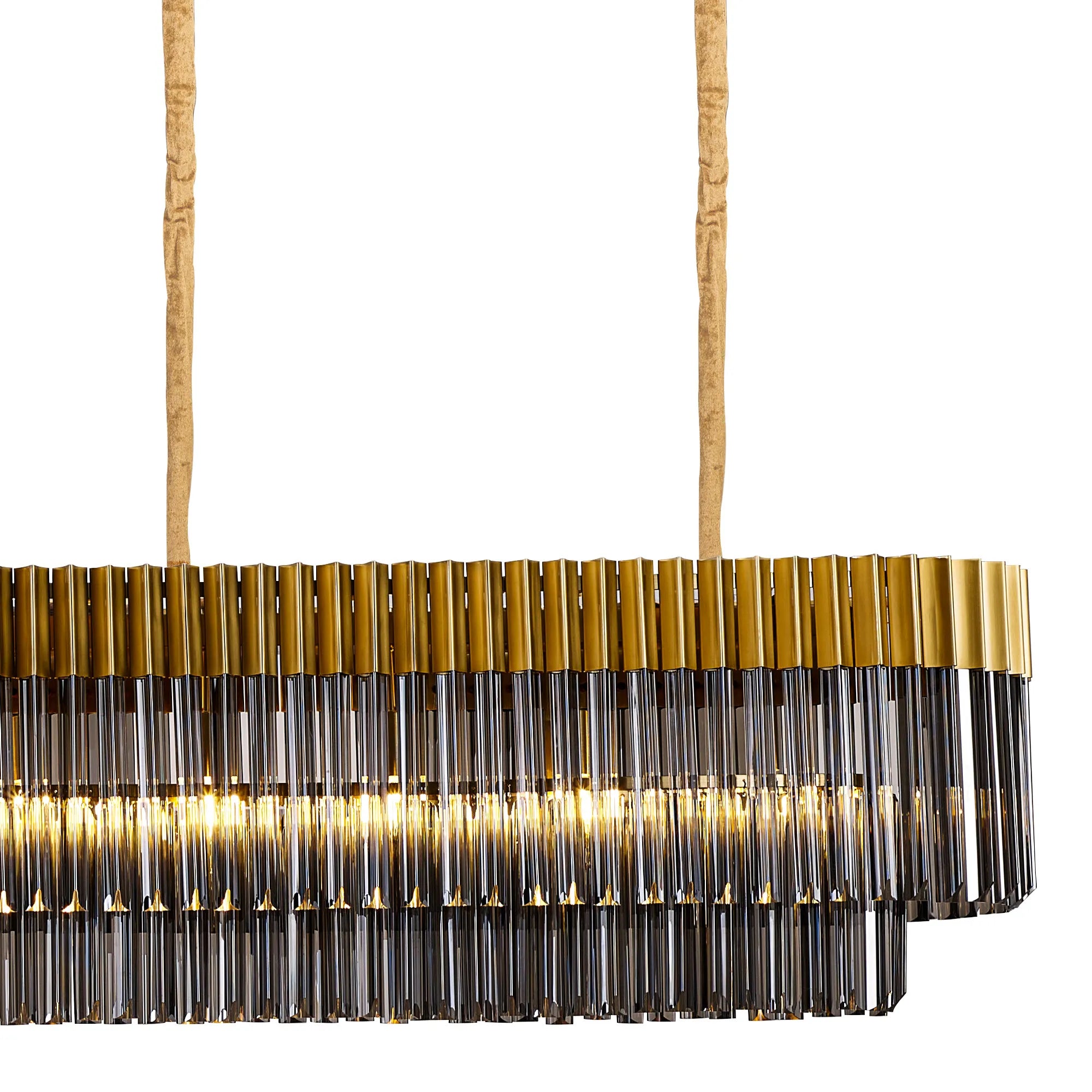 Cedar 300 x 40cm Linear Pendant 16 Light - Brass & Smoked Sculpted Glass