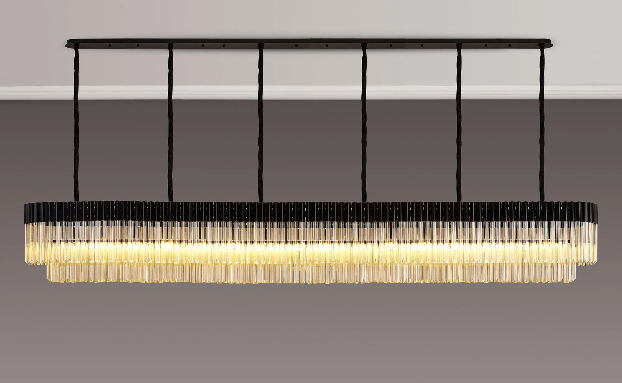 Cedar 300 x 40cm Linear Pendant 16 Light - Matt Black & Cognac Sculpted Glass