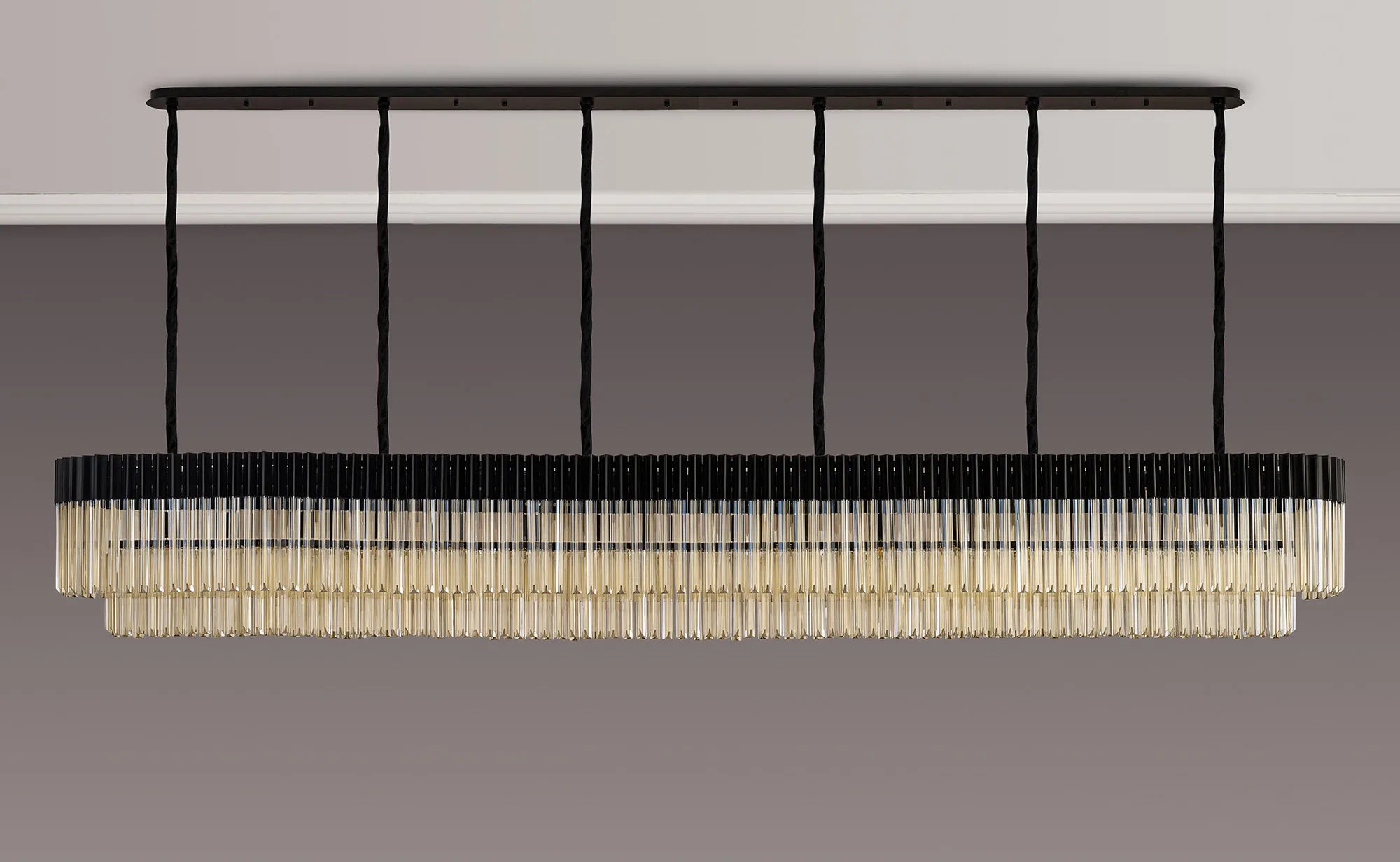 Cedar 300 x 40cm Linear Pendant 16 Light - Matt Black & Cognac Sculpted Glass