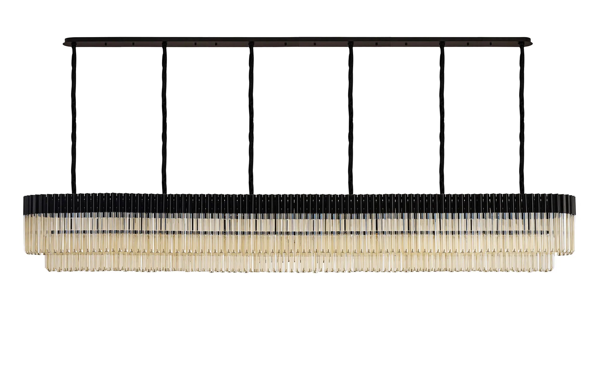 Cedar 300 x 40cm Linear Pendant 16 Light - Matt Black & Cognac Sculpted Glass