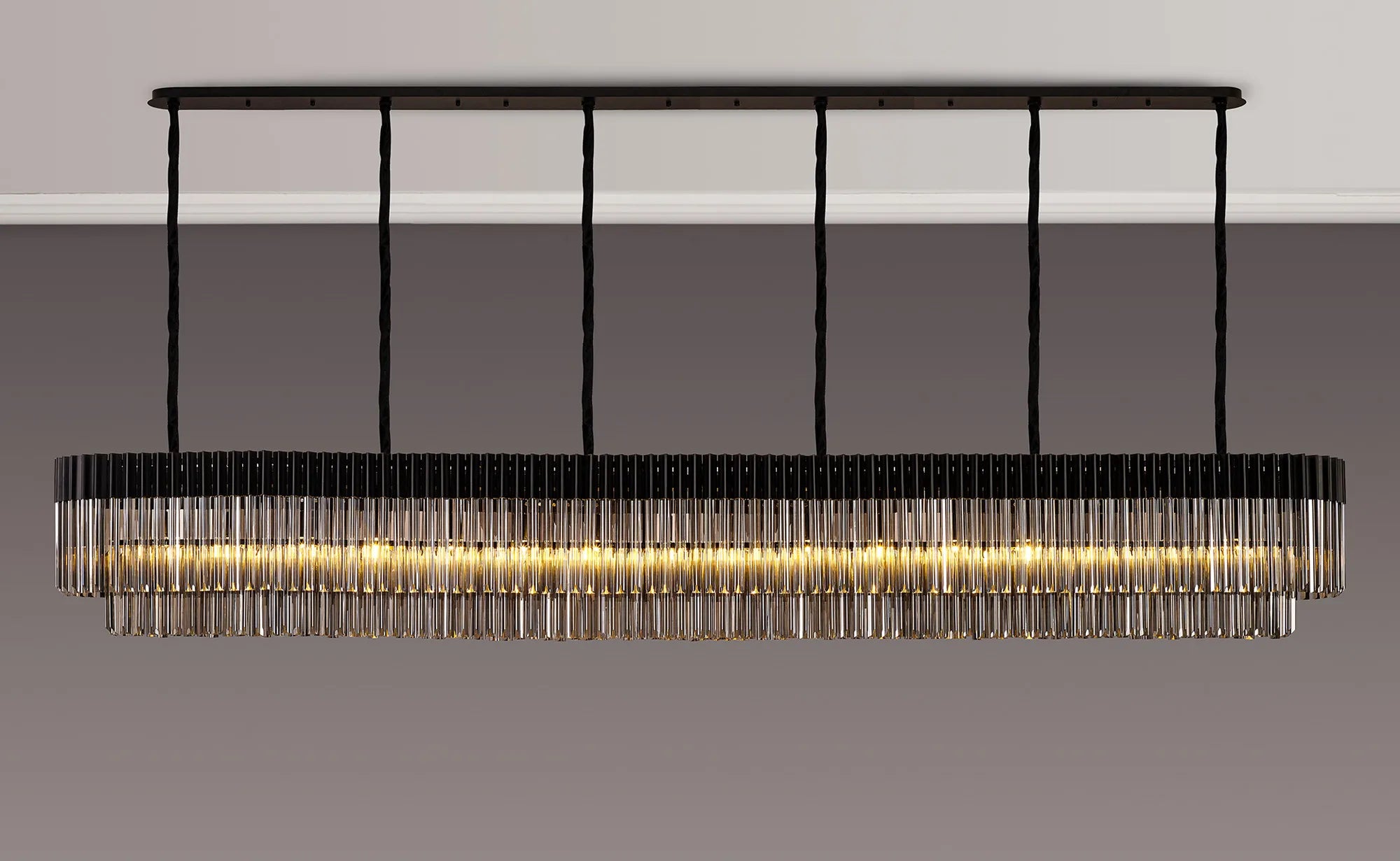 Cedar 300 x 40cm Linear Pendant 16 Light - Matt Black & Smoked Sculpted Glass