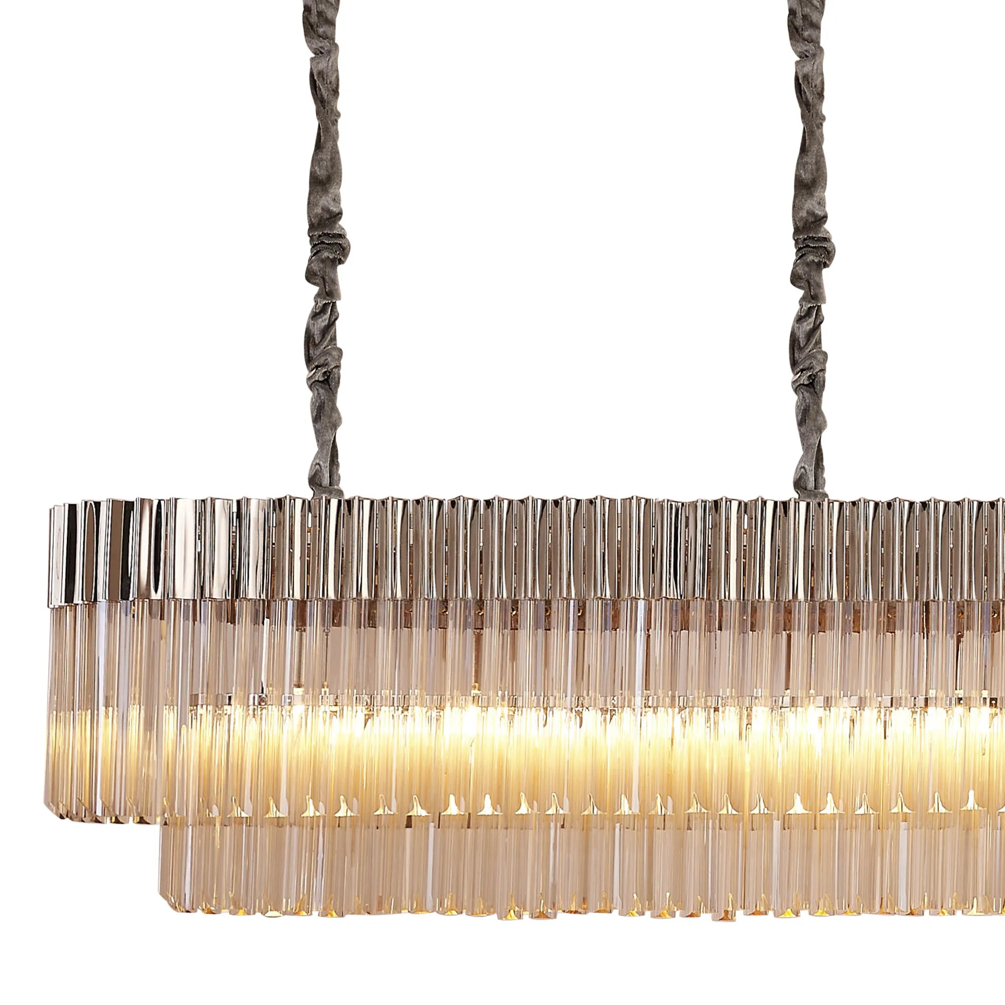 Cedar 300 x 40cm Linear Pendant 16 Light - Polished Nickel & Cognac Sculpted Glass