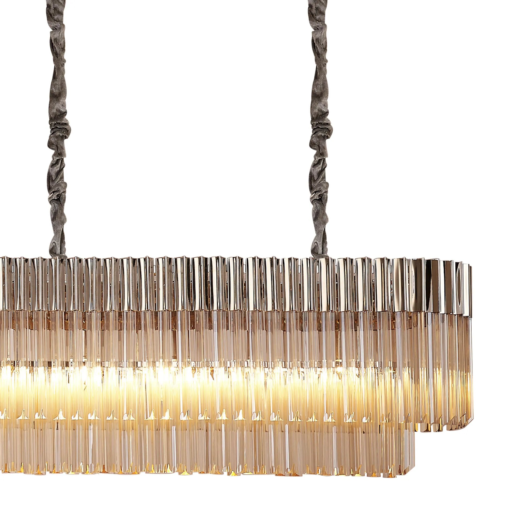 Cedar 300 x 40cm Linear Pendant 16 Light - Polished Nickel & Cognac Sculpted Glass