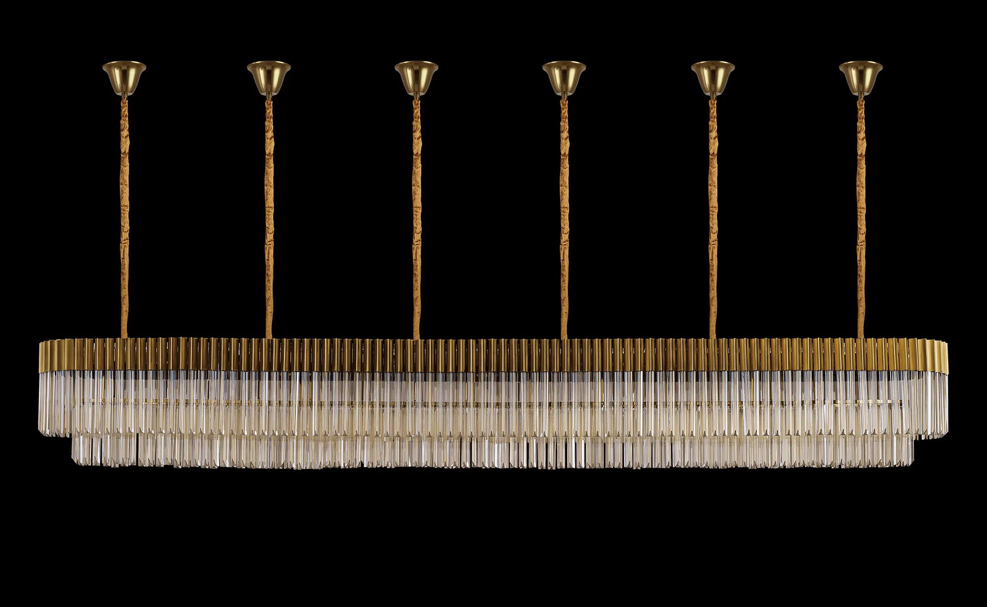 Cedar 300 x 40cm Linear Pendant With Bell Cup 16 Light - Brass & Cognac Sculpted Glass