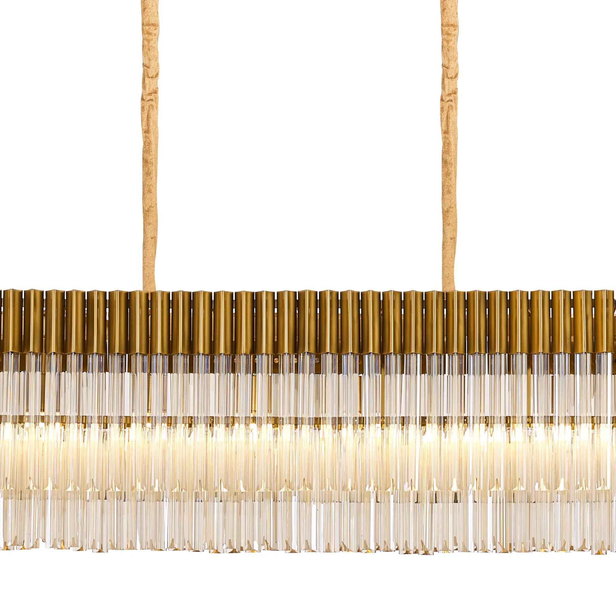 Cedar 300 x 40cm Linear Pendant With Bell Cup 16 Light - Brass & Cognac Sculpted Glass
