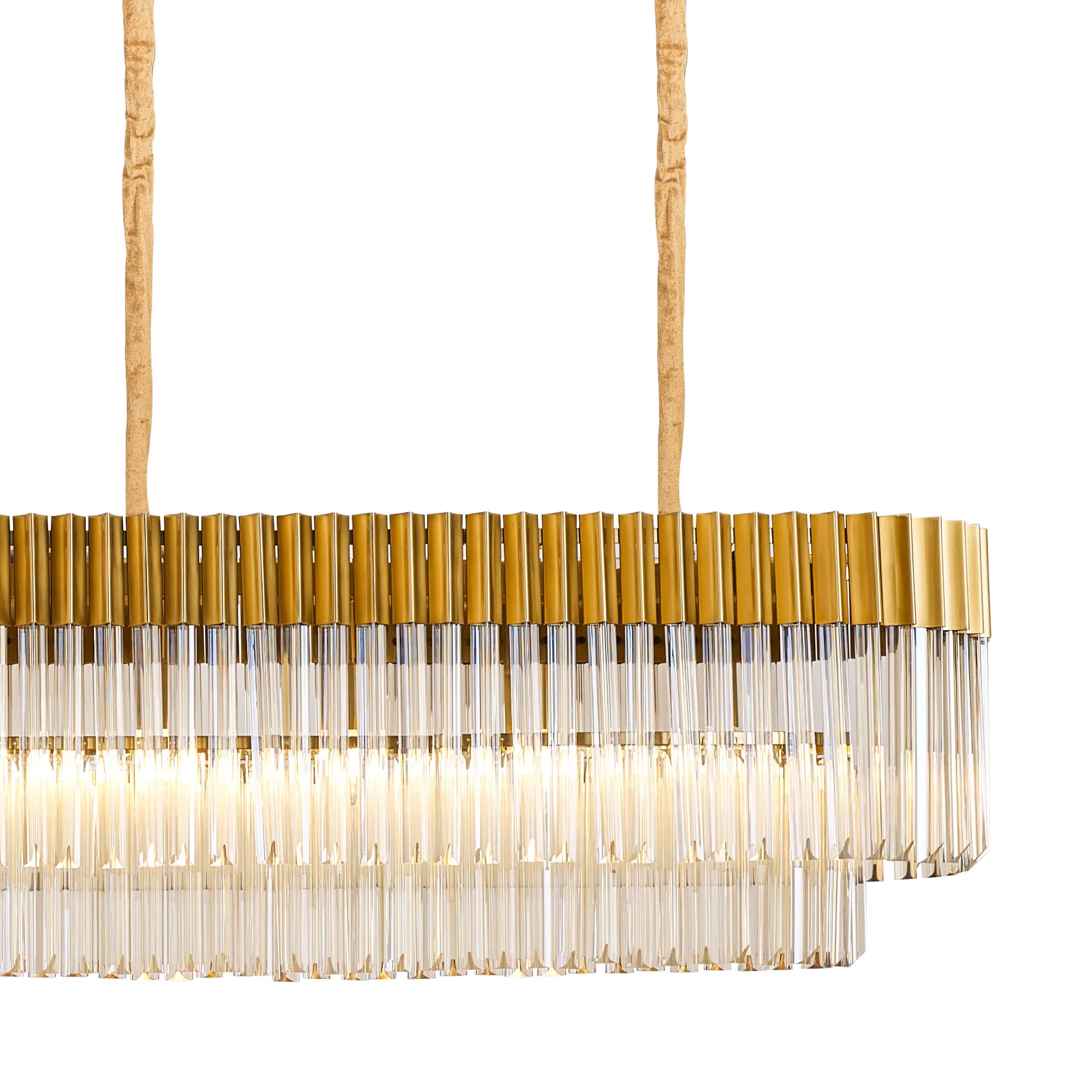 Cedar 300 x 40cm Linear Pendant With Bell Cup 16 Light - Brass & Cognac Sculpted Glass