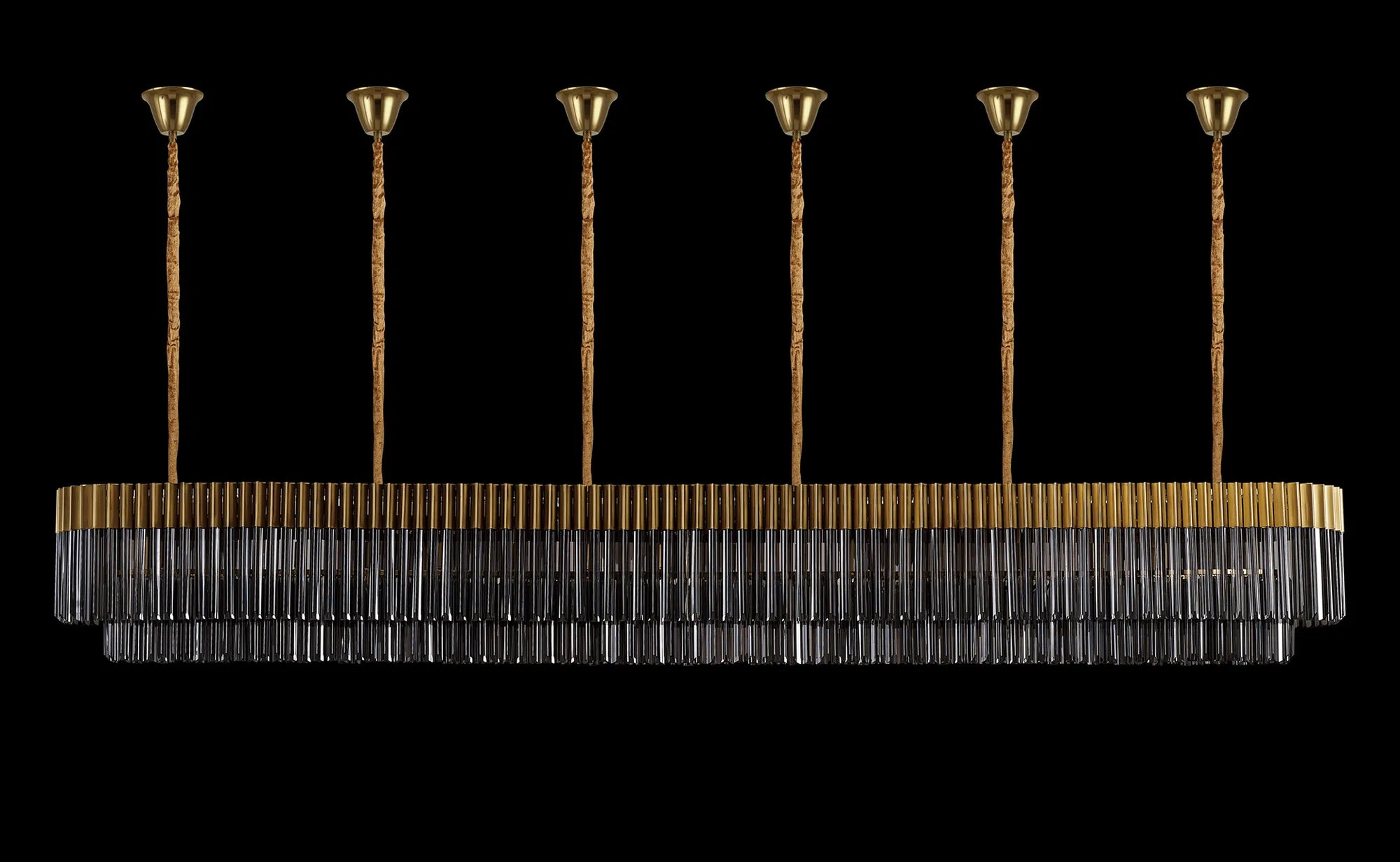 Cedar 300 x 40cm Linear Pendant With Bell Cup 16 Light - Brass & Smoked Sculpted Glass