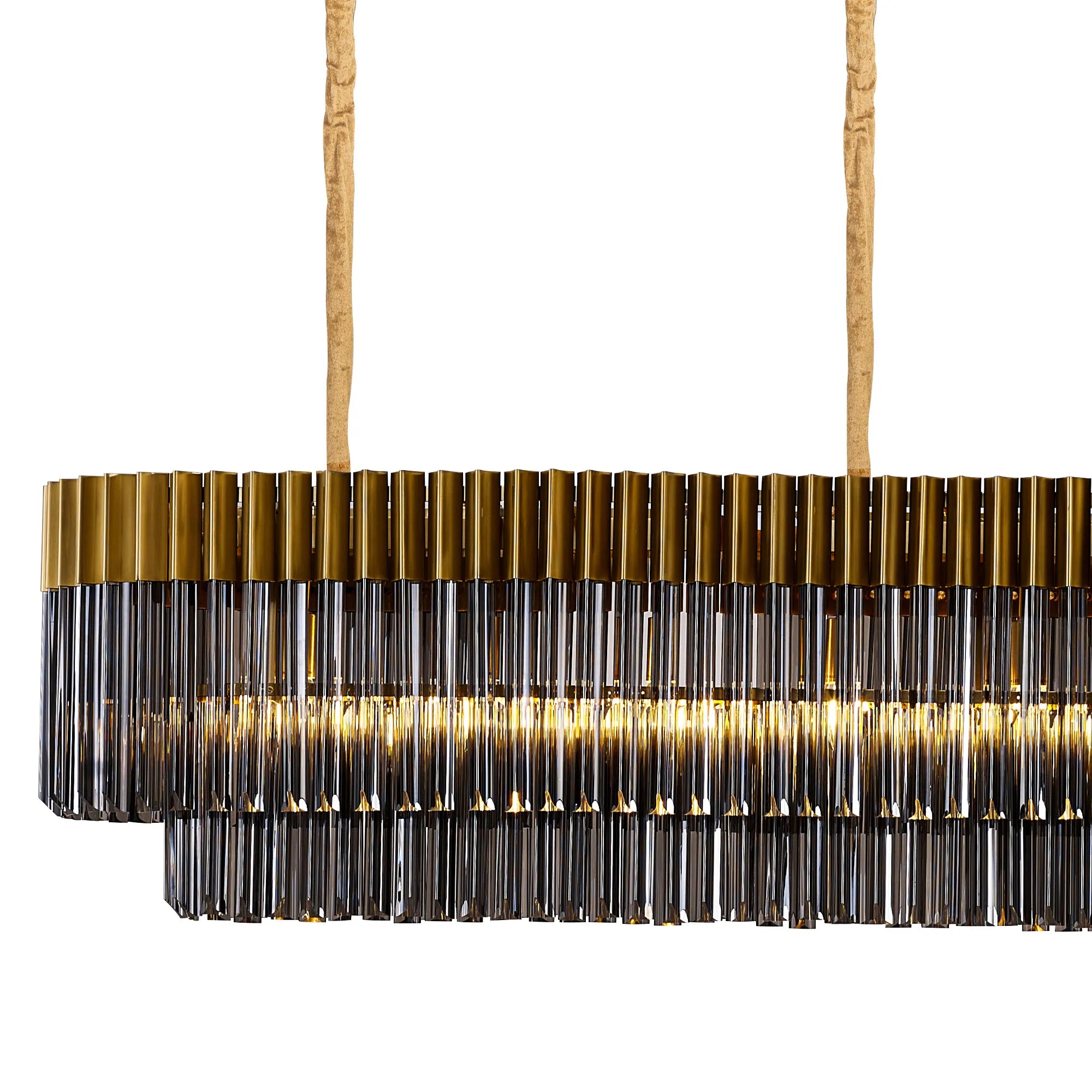 Cedar 300 x 40cm Linear Pendant With Bell Cup 16 Light - Brass & Smoked Sculpted Glass