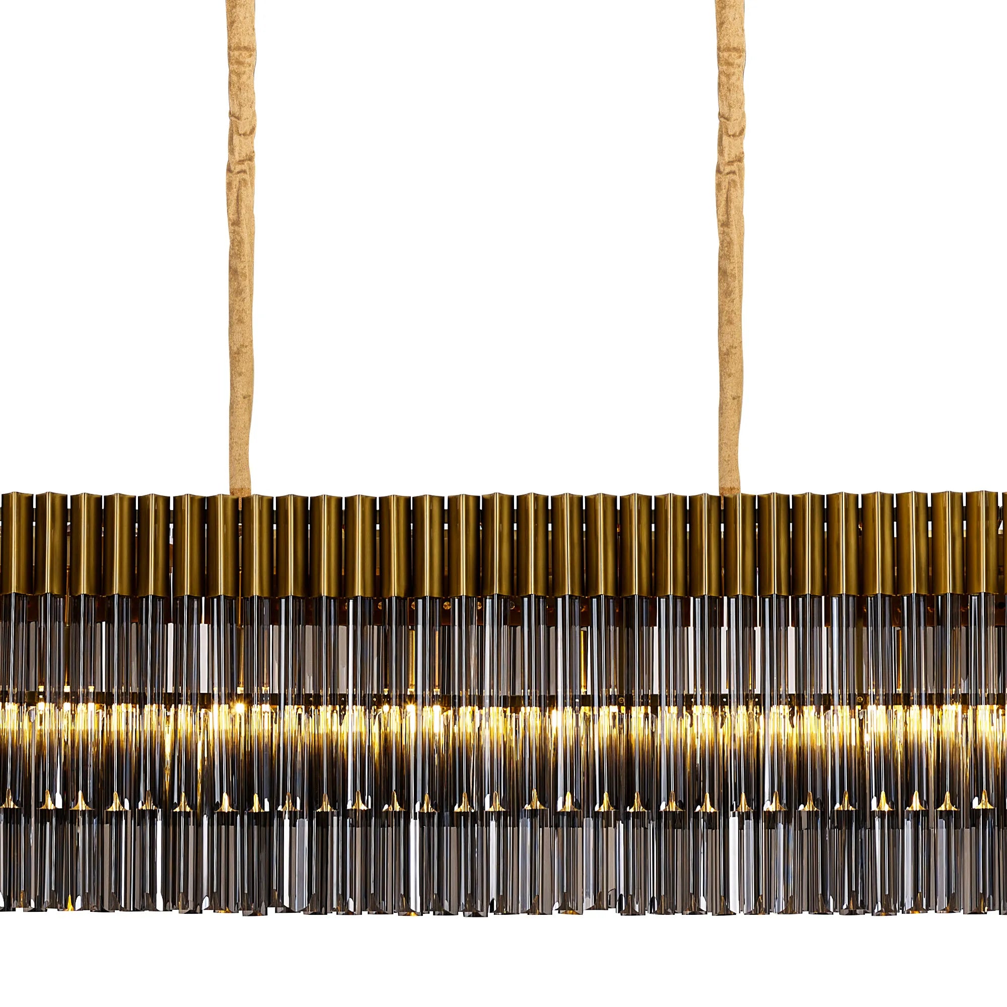 Cedar 300 x 40cm Linear Pendant With Bell Cup 16 Light - Brass & Smoked Sculpted Glass