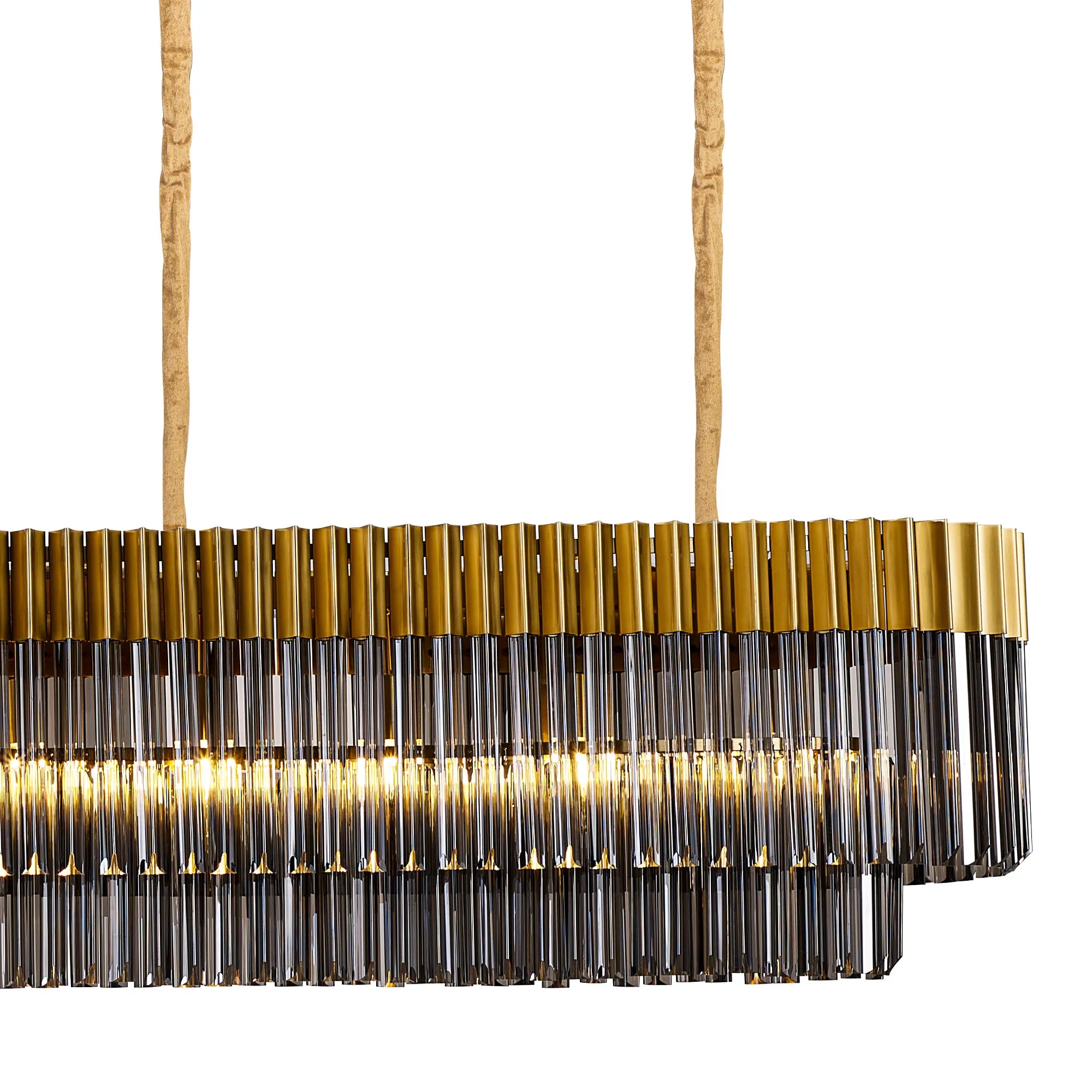 Cedar 300 x 40cm Linear Pendant With Bell Cup 16 Light - Brass & Smoked Sculpted Glass