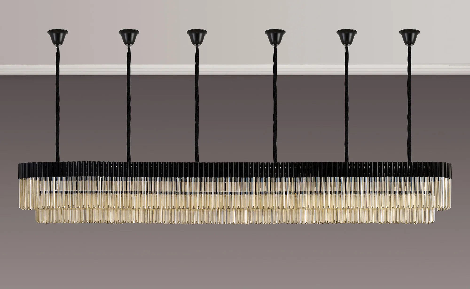 Cedar 300 x 40cm Linear Pendant With Bell Cup 16 Light - Matt Black & Cognac Sculpted Glass