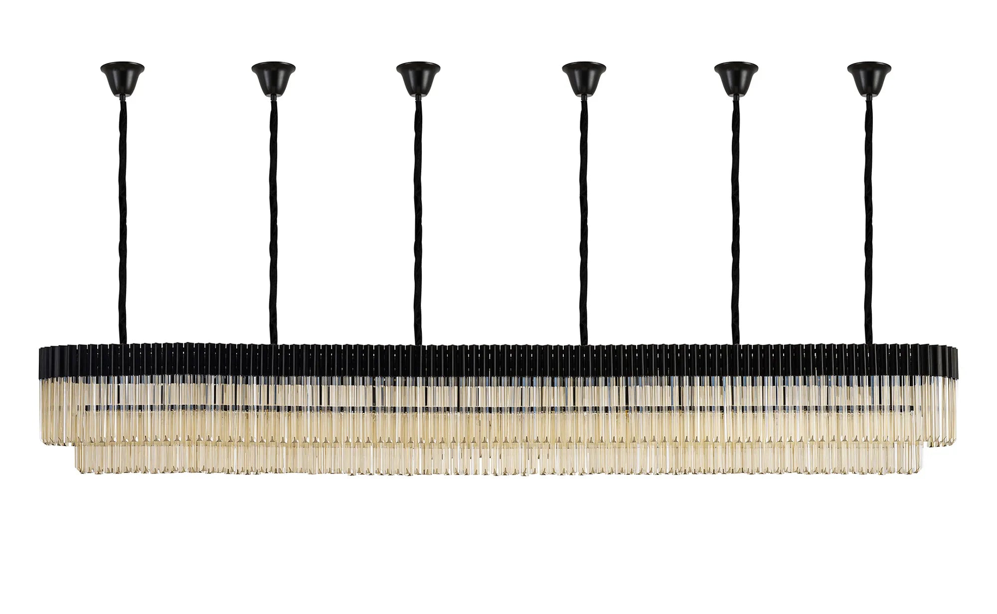 Cedar 300 x 40cm Linear Pendant With Bell Cup 16 Light - Matt Black & Cognac Sculpted Glass