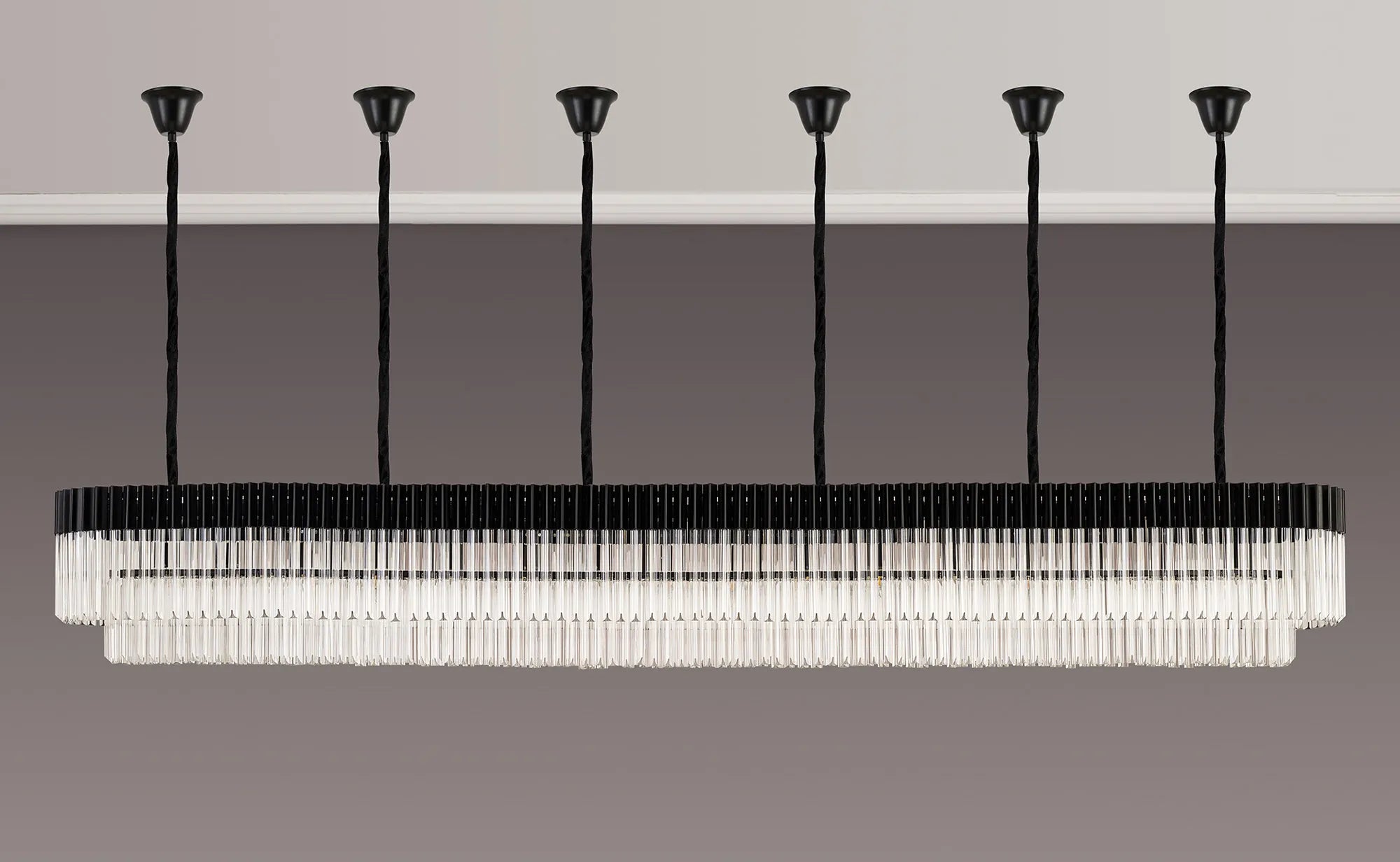 Cedar 300 x 40cm Linear Pendant With Bell Cup 16 Light - Matt Black & Clear Sculpted Glass