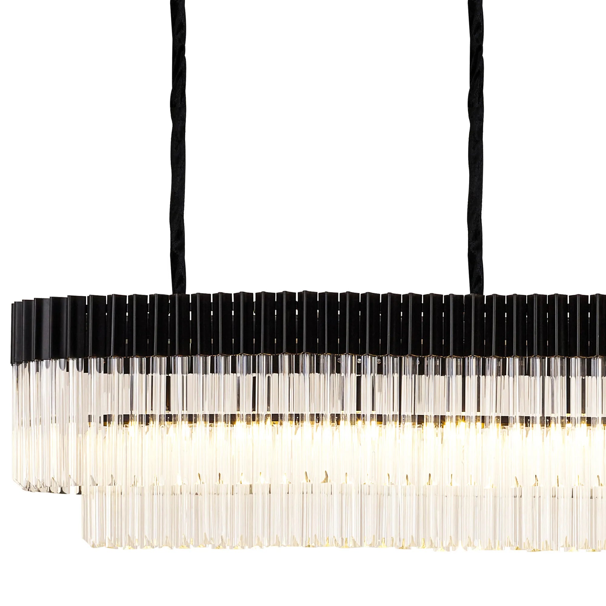 Cedar 300 x 40cm Linear Pendant With Bell Cup 16 Light - Matt Black & Clear Sculpted Glass