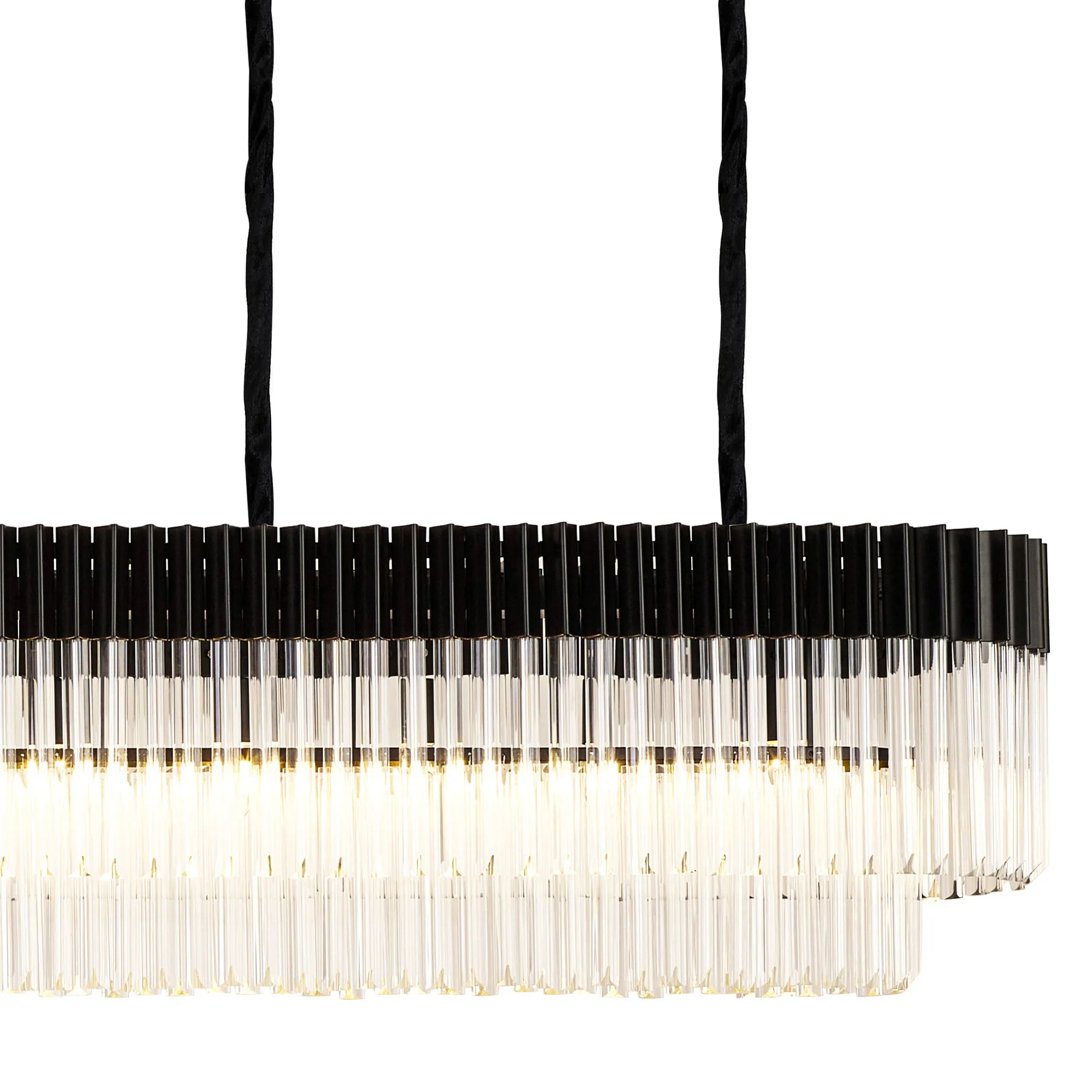 Cedar 300 x 40cm Linear Pendant With Bell Cup 16 Light - Matt Black & Clear Sculpted Glass