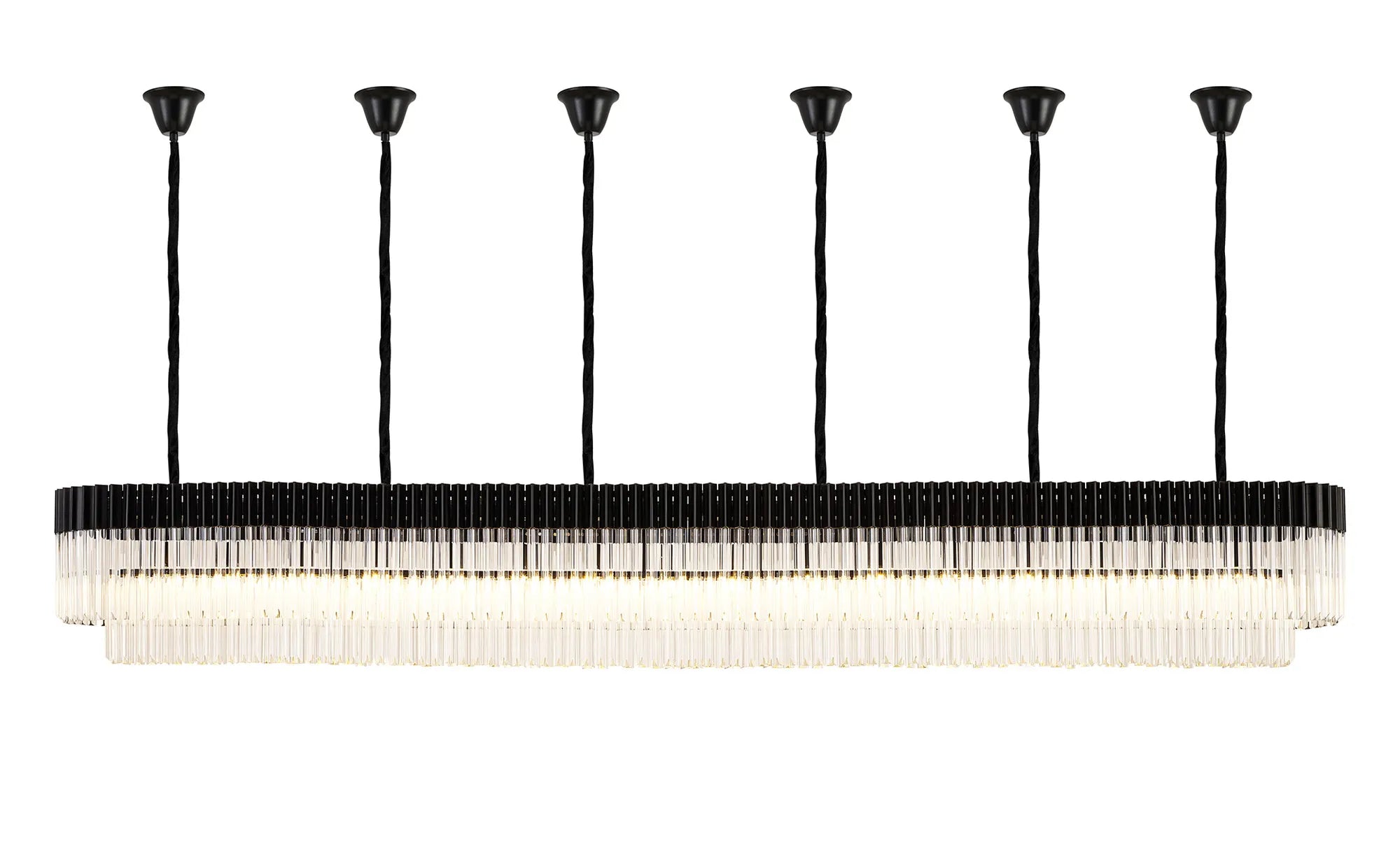 Cedar 300 x 40cm Linear Pendant With Bell Cup 16 Light - Matt Black & Clear Sculpted Glass