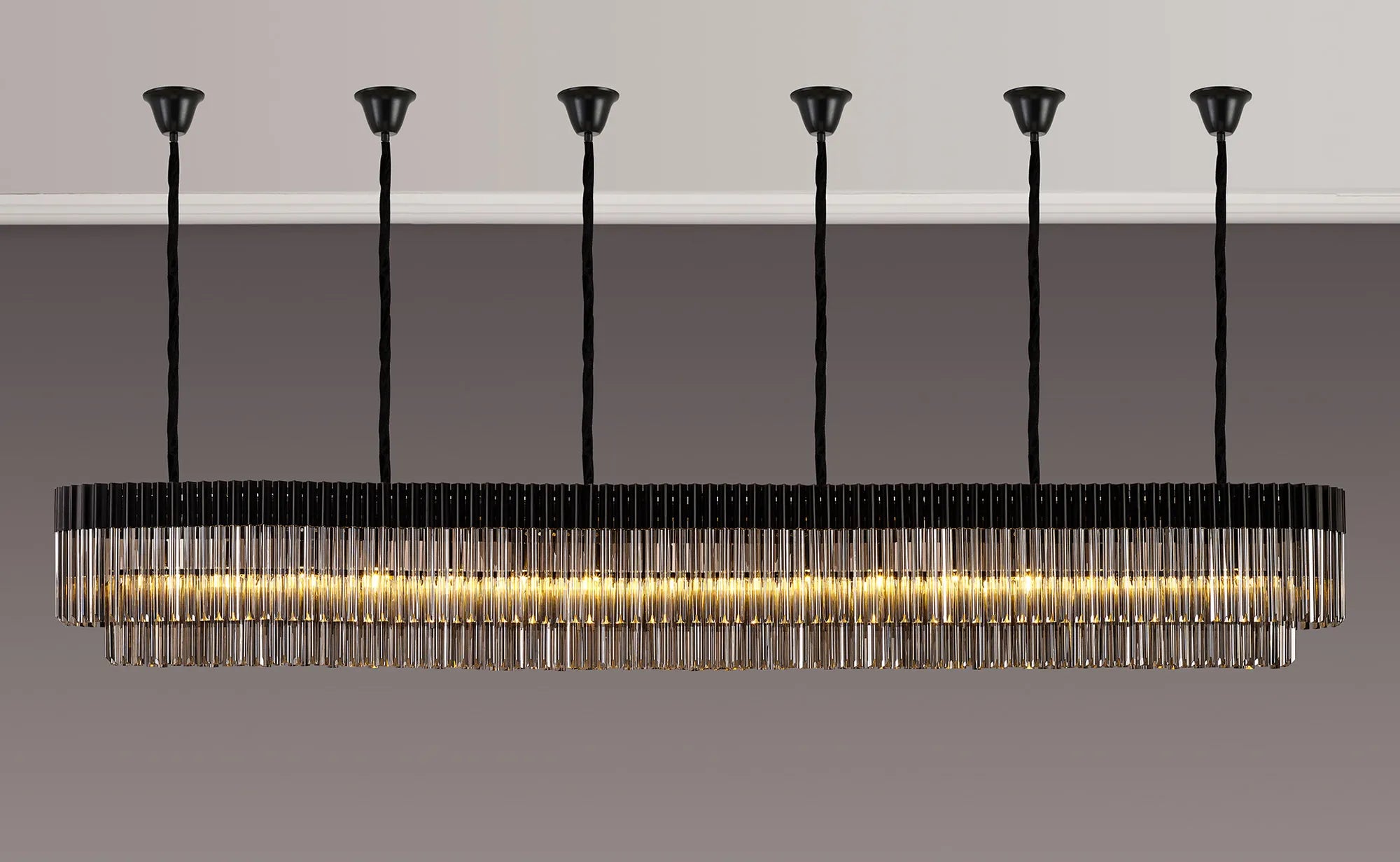 Cedar 300 x 40cm Linear Pendant With Bell Cup 16 Light - Matt Black & Smoked Sculpted Glass