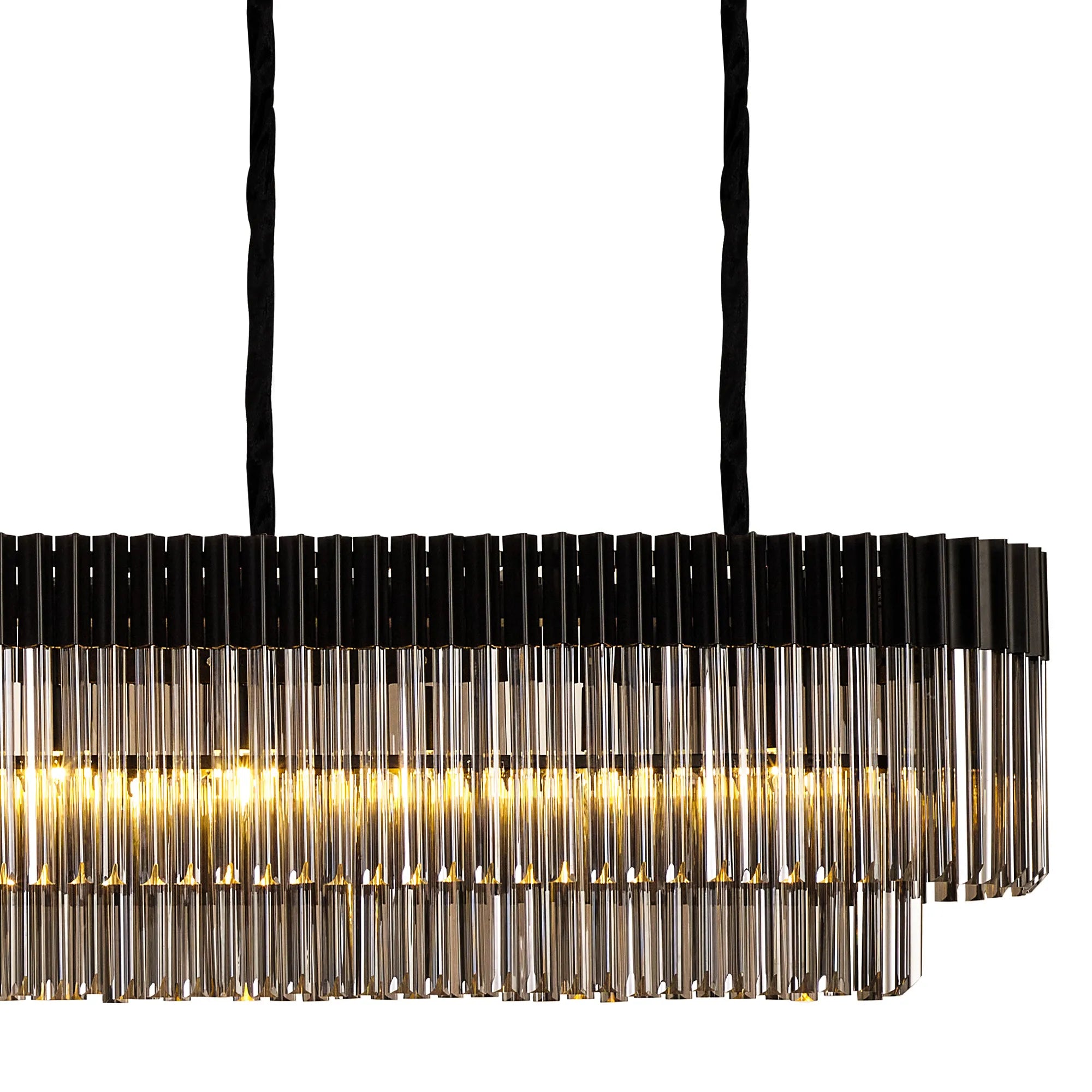 Cedar 300 x 40cm Linear Pendant With Bell Cup 16 Light - Matt Black & Smoked Sculpted Glass