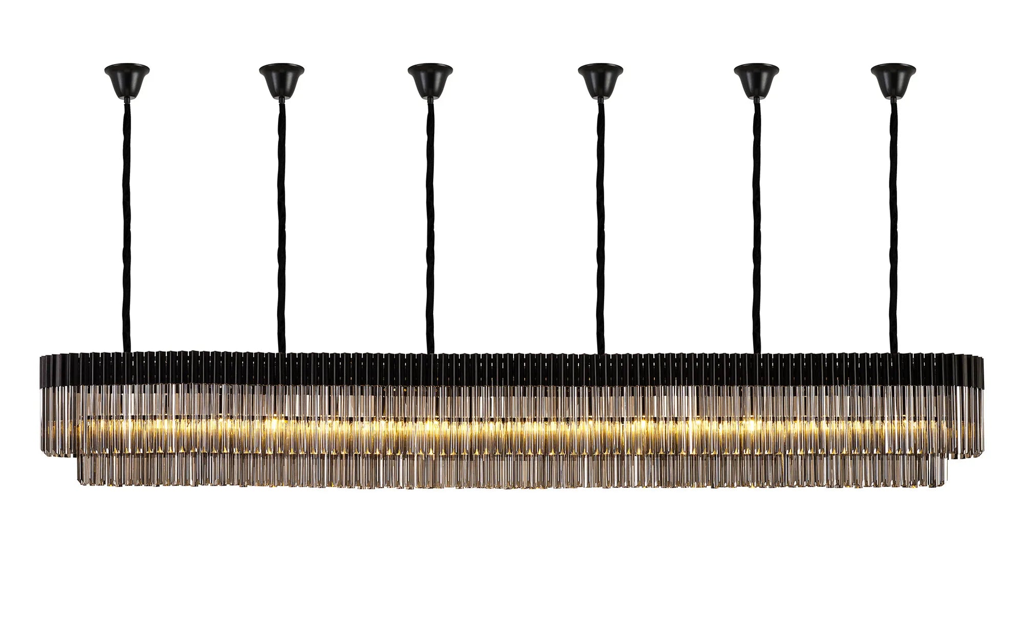 Cedar 300 x 40cm Linear Pendant With Bell Cup 16 Light - Matt Black & Smoked Sculpted Glass