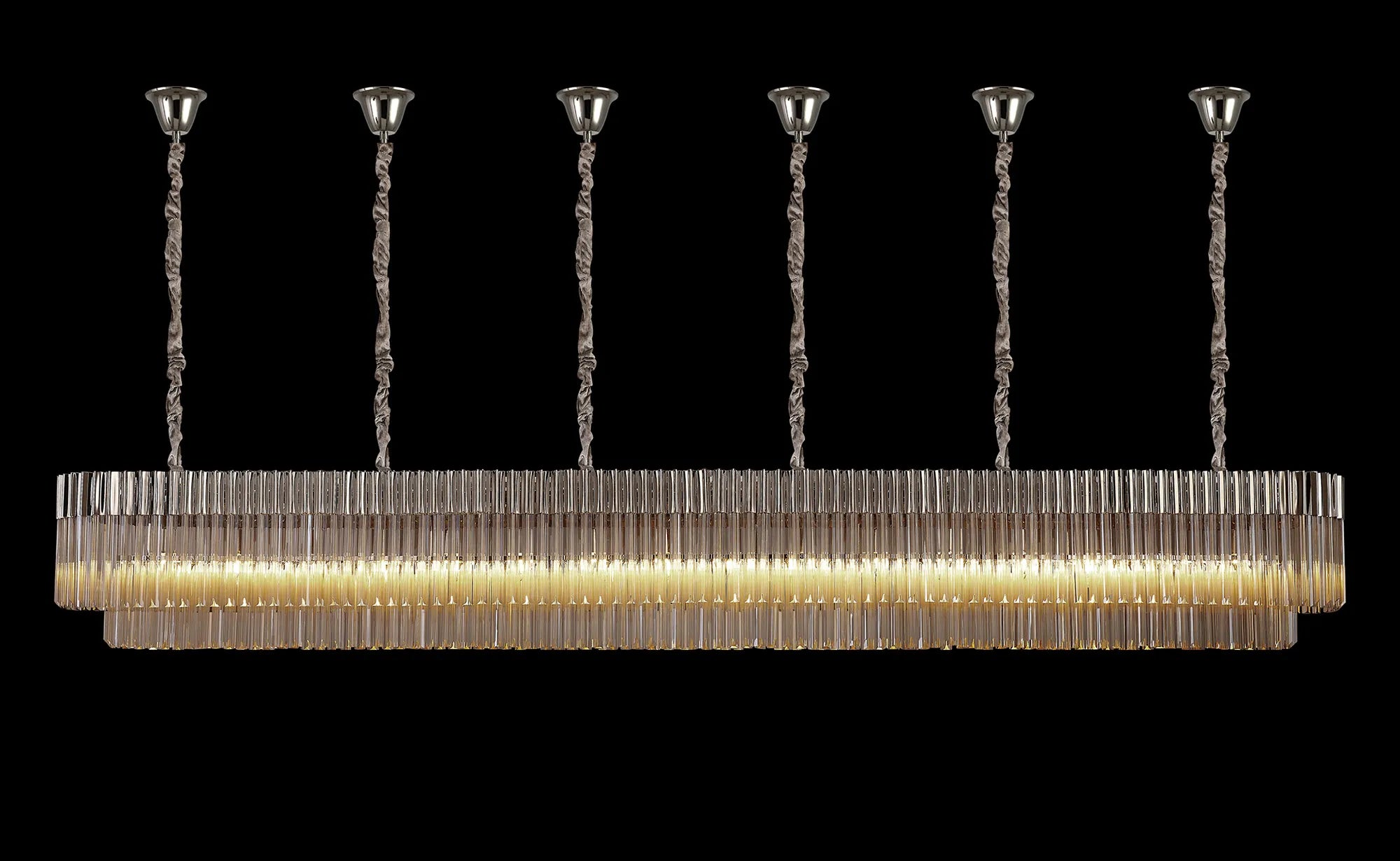 Cedar 300 x 40cm Linear Pendant With Bell Cup 16 Light - Polished Nickel & Cognac Sculpted Glass