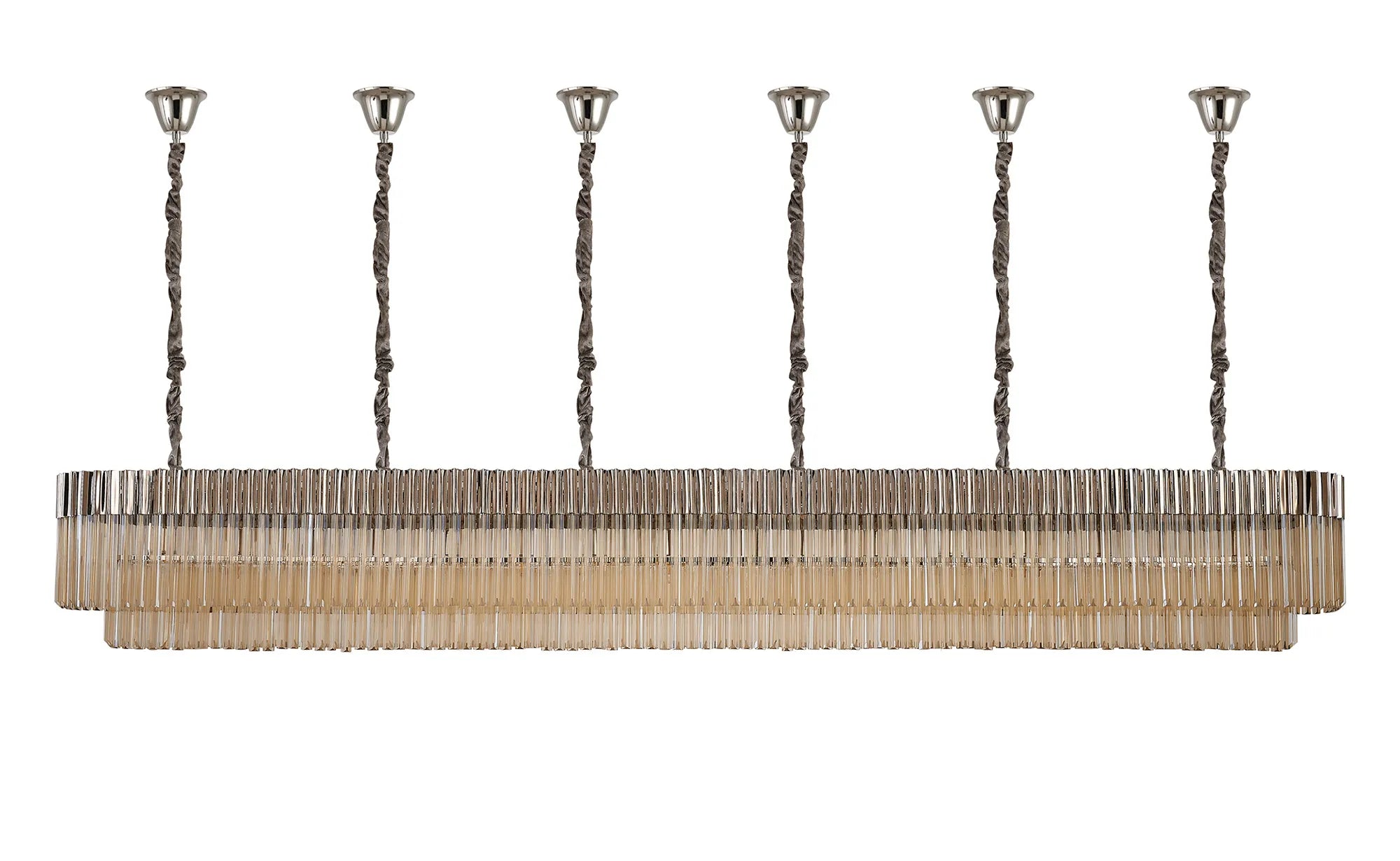 Cedar 300 x 40cm Linear Pendant With Bell Cup 16 Light - Polished Nickel & Cognac Sculpted Glass