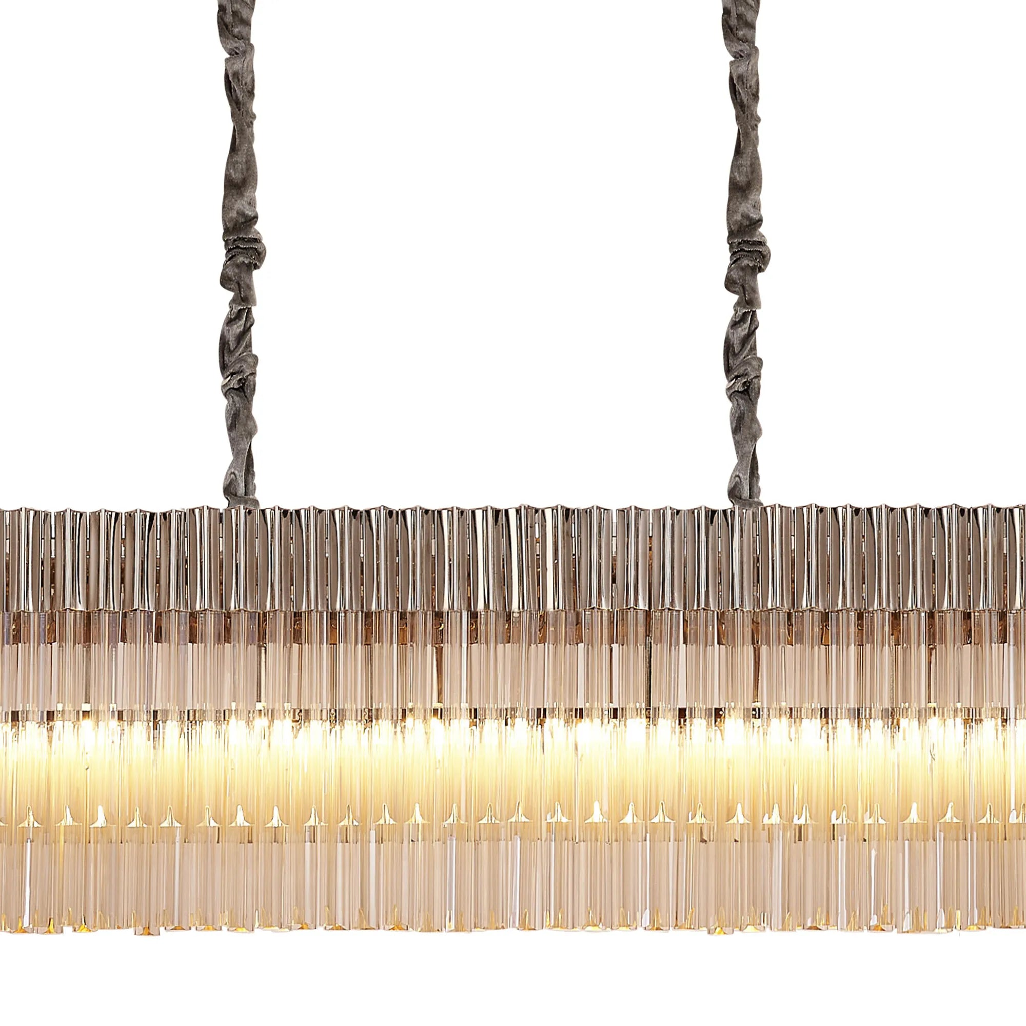 Cedar 300 x 40cm Linear Pendant With Bell Cup 16 Light - Polished Nickel & Cognac Sculpted Glass