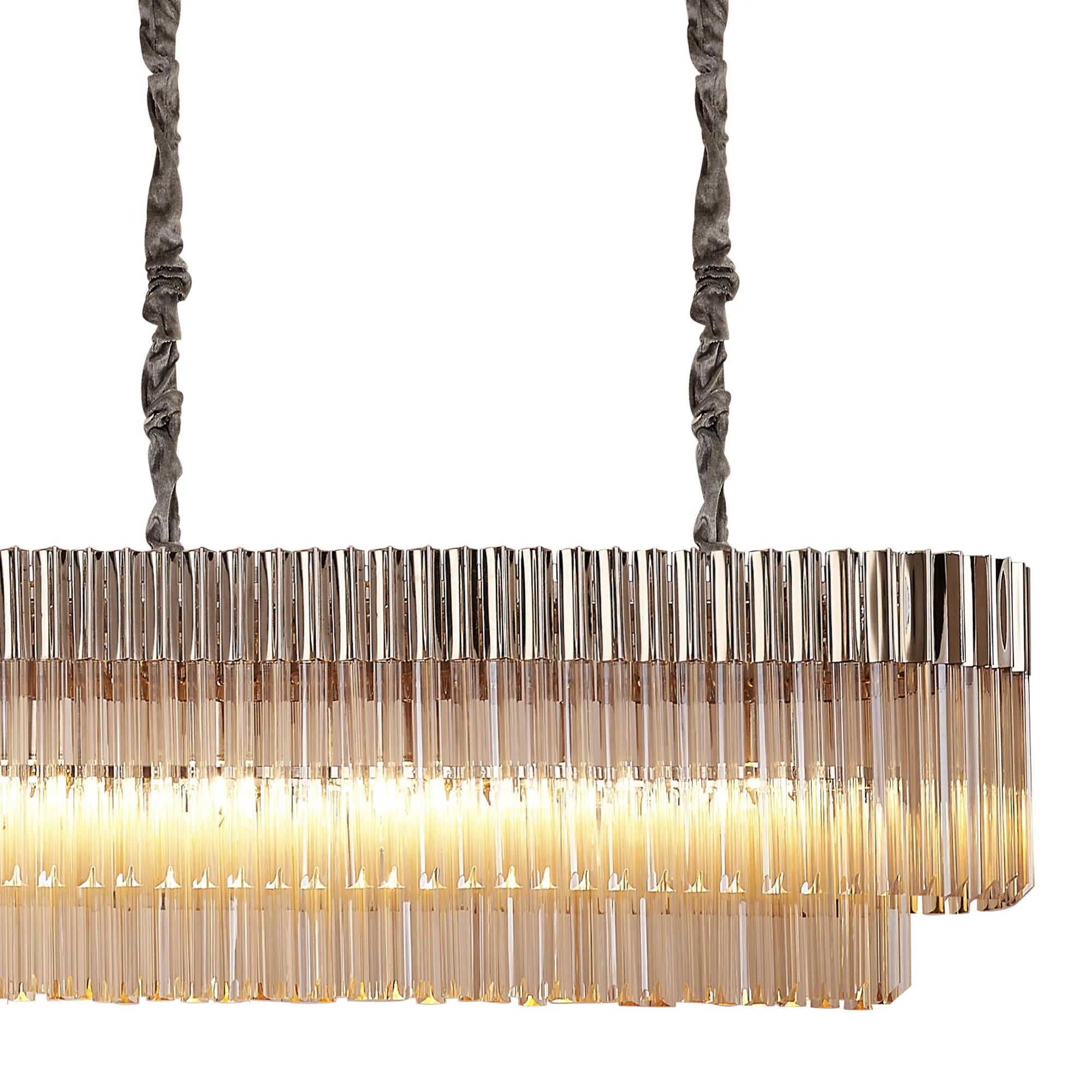 Cedar 300 x 40cm Linear Pendant With Bell Cup 16 Light - Polished Nickel & Cognac Sculpted Glass