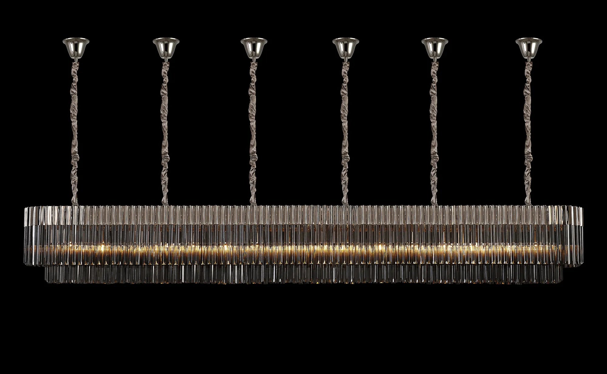 Cedar 300 x 40cm Linear Pendant With Bell Cup 16 Light - Polished Nickel & Smoked Sculpted Glass