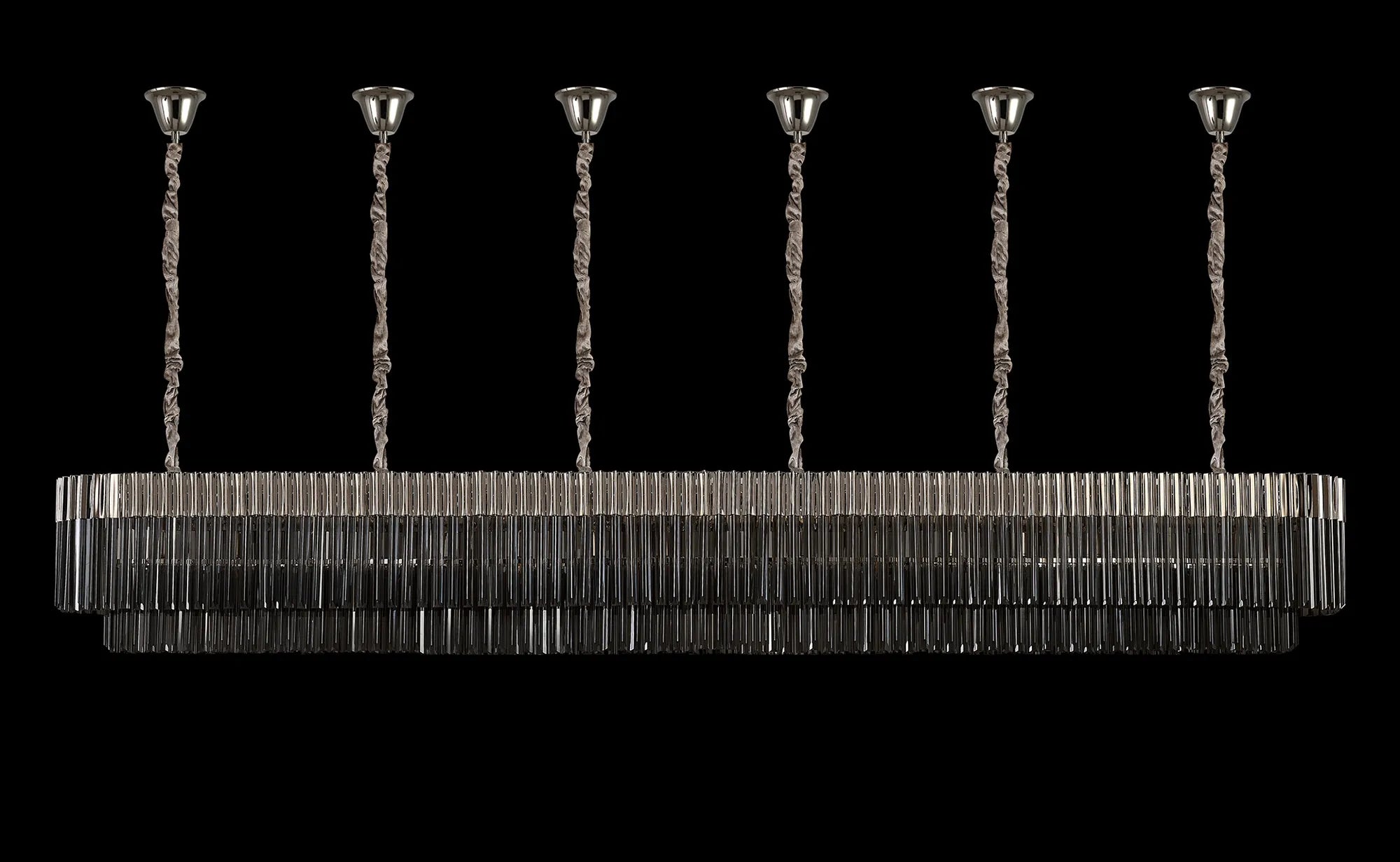 Cedar 300 x 40cm Linear Pendant With Bell Cup 16 Light - Polished Nickel & Smoked Sculpted Glass