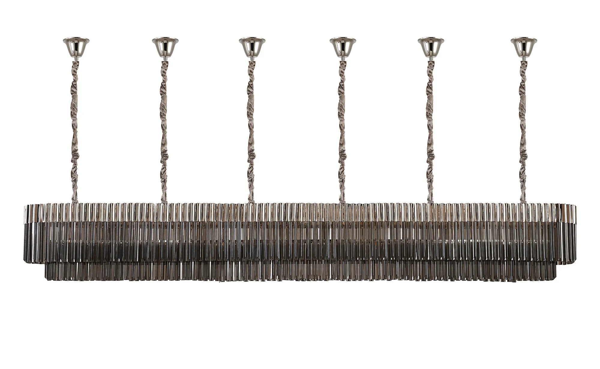 Cedar 300 x 40cm Linear Pendant With Bell Cup 16 Light - Polished Nickel & Smoked Sculpted Glass