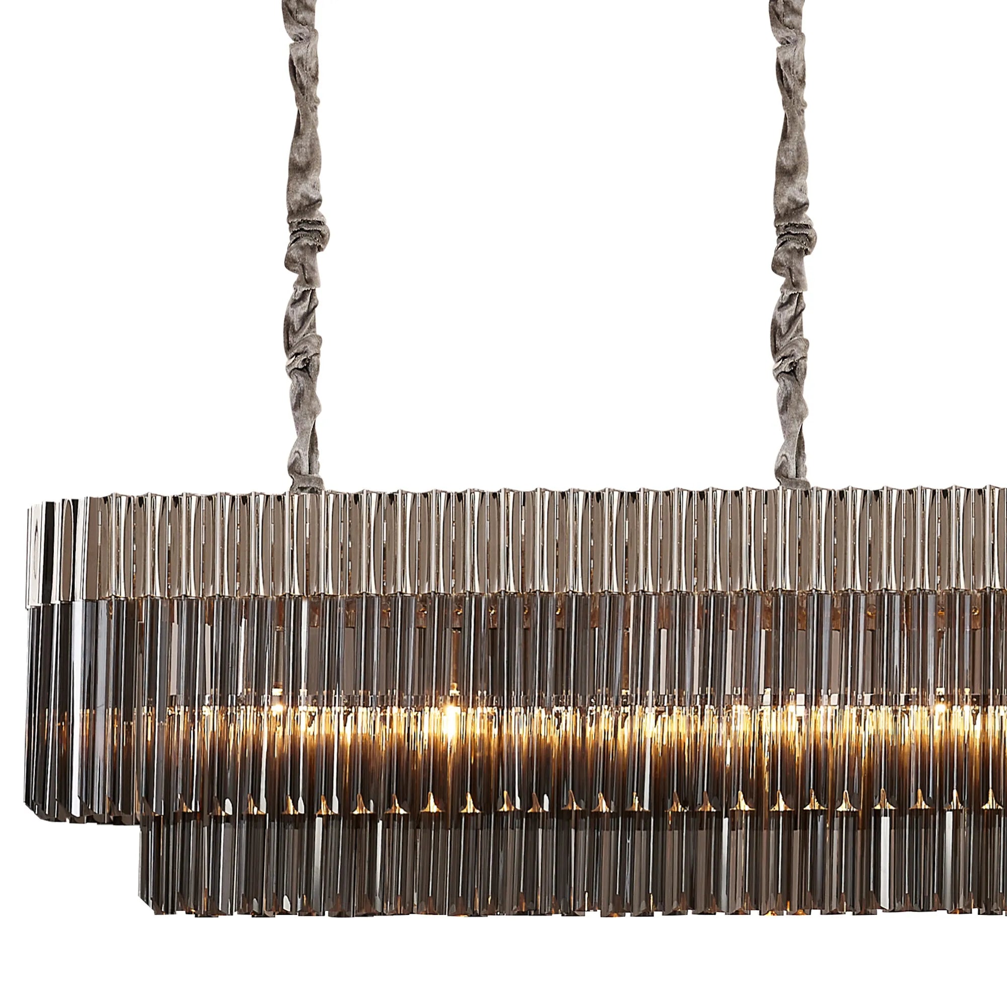 Cedar 300 x 40cm Linear Pendant With Bell Cup 16 Light - Polished Nickel & Smoked Sculpted Glass