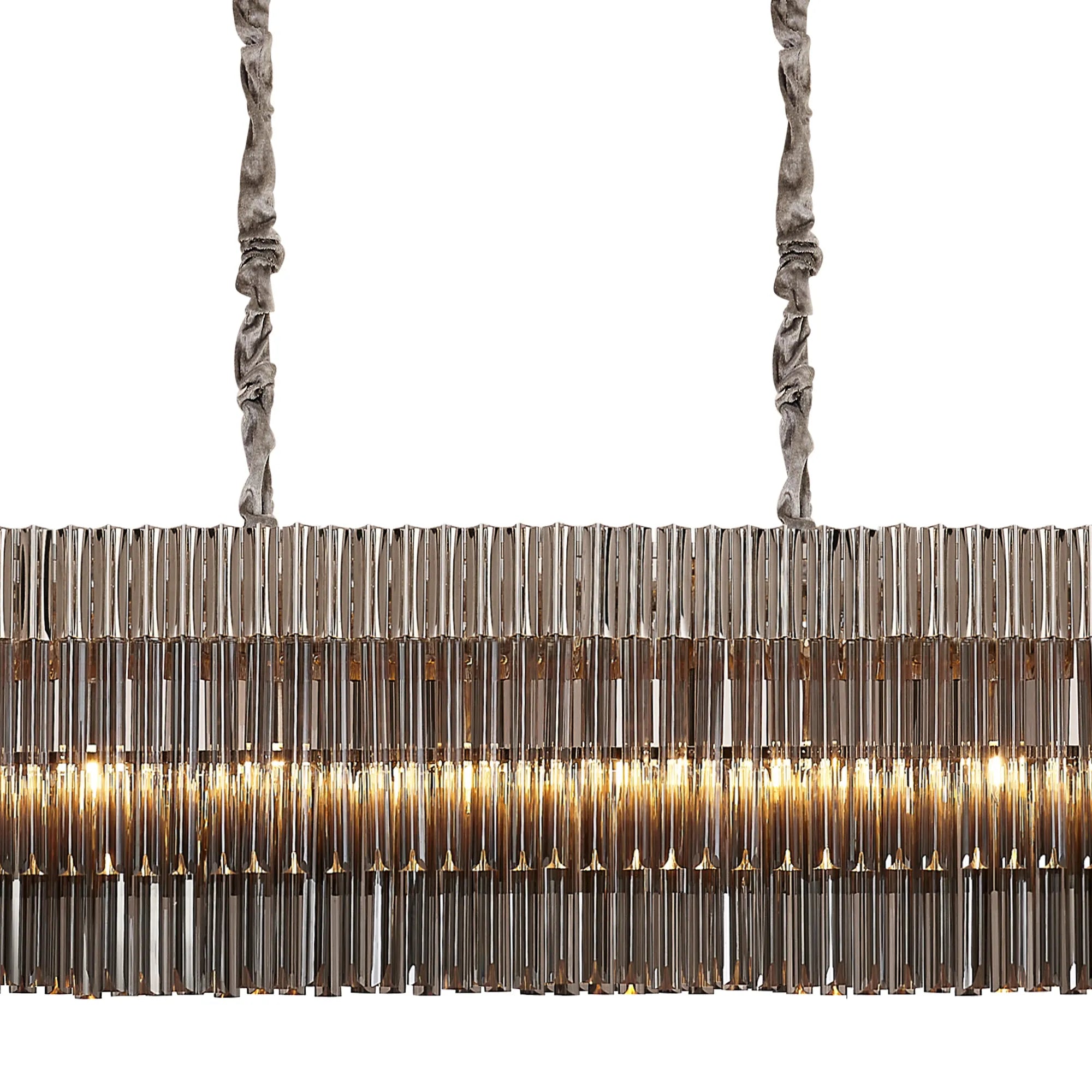 Cedar 300 x 40cm Linear Pendant With Bell Cup 16 Light - Polished Nickel & Smoked Sculpted Glass