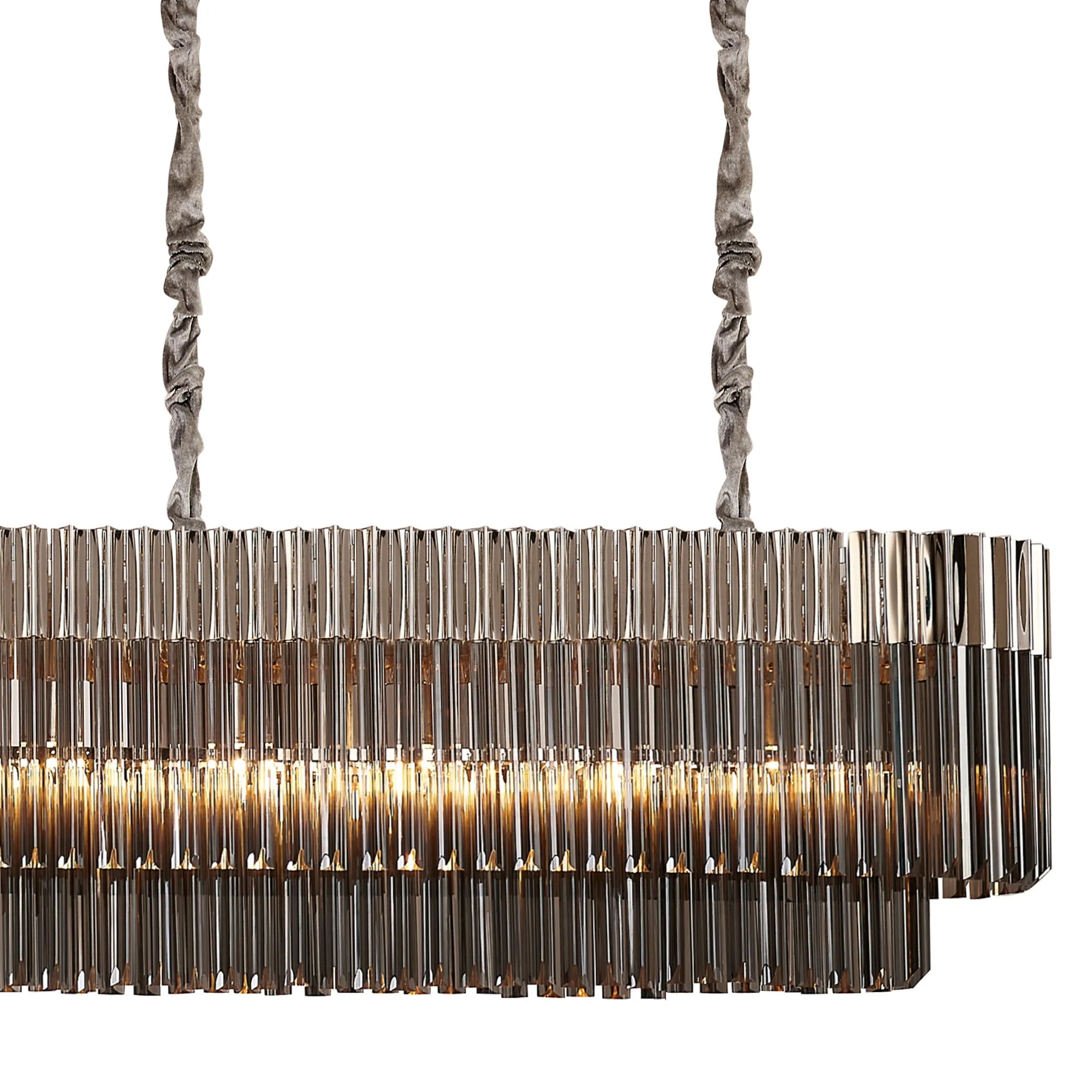 Cedar 300 x 40cm Linear Pendant With Bell Cup 16 Light - Polished Nickel & Smoked Sculpted Glass