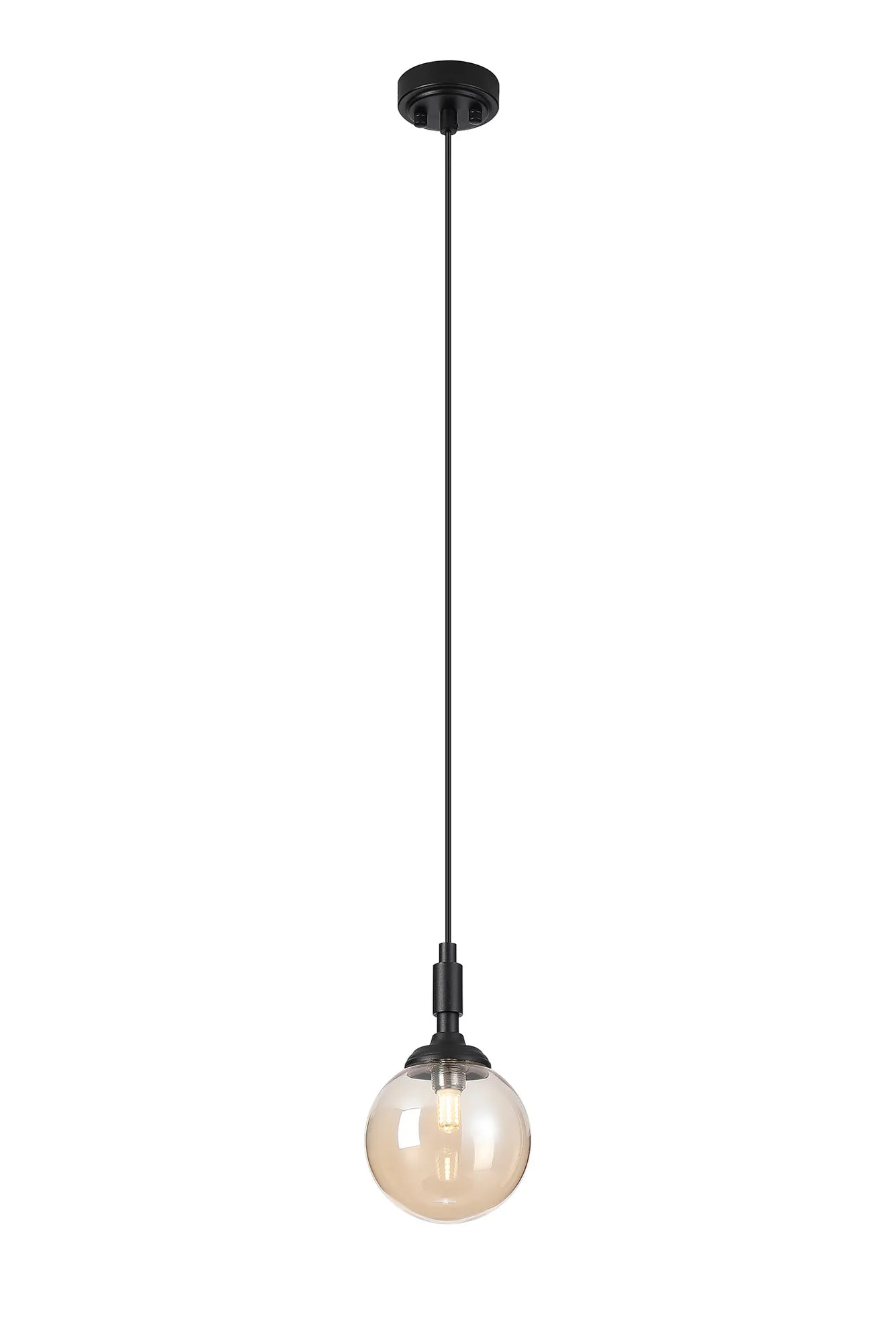 Dene Pendant 1 Light - IP44 Satin Black & Amber Smooth Round Glass