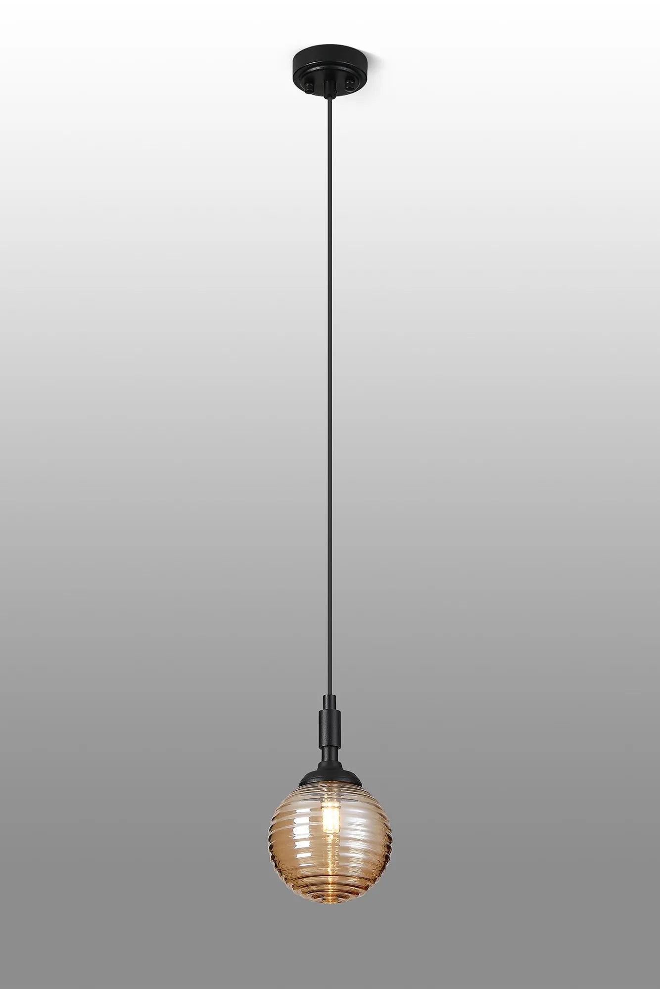 Dene Pendant 1 Light - IP44 Satin Black & Amber Ribbed Round Glass