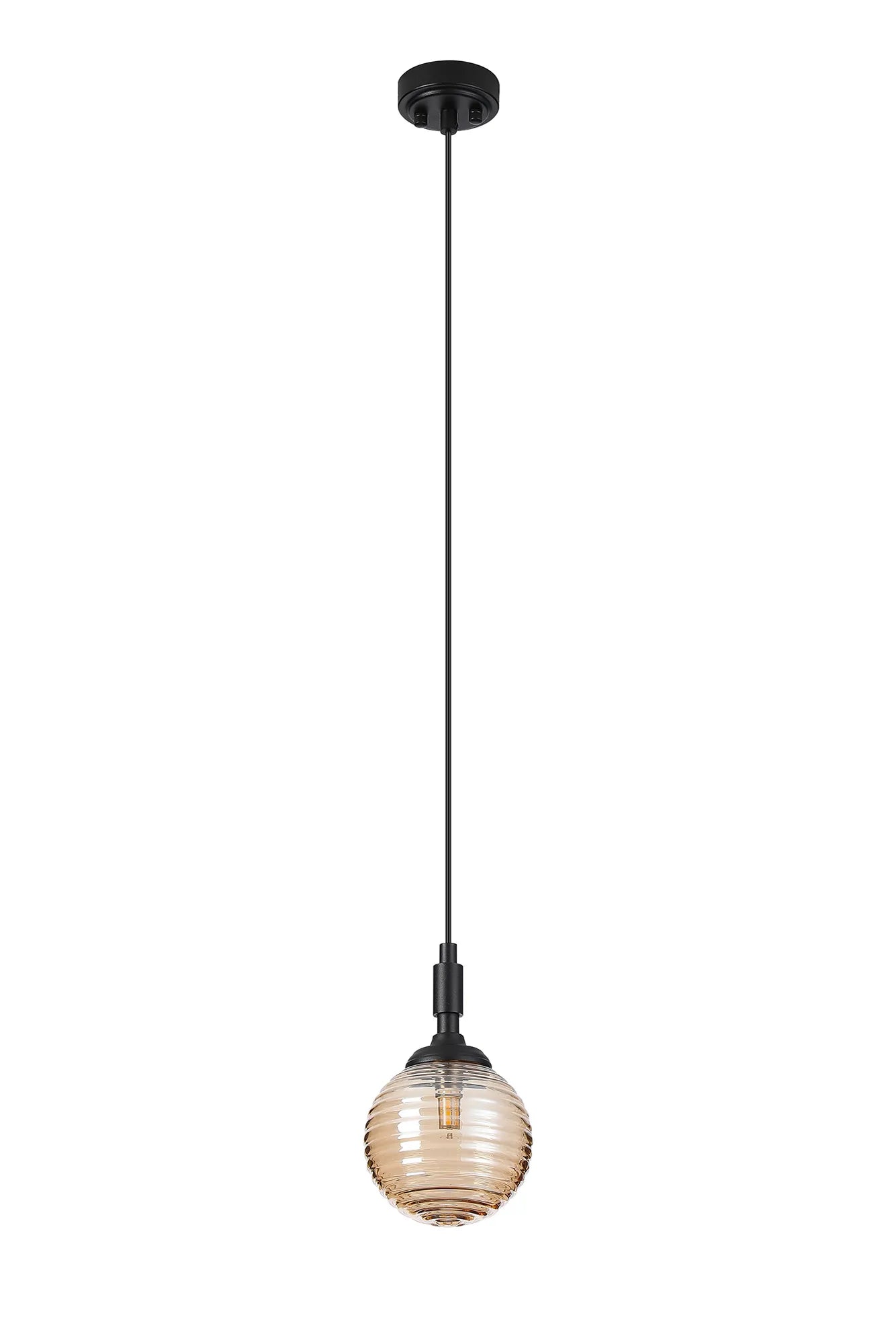 Dene Pendant 1 Light - IP44 Satin Black & Amber Ribbed Round Glass