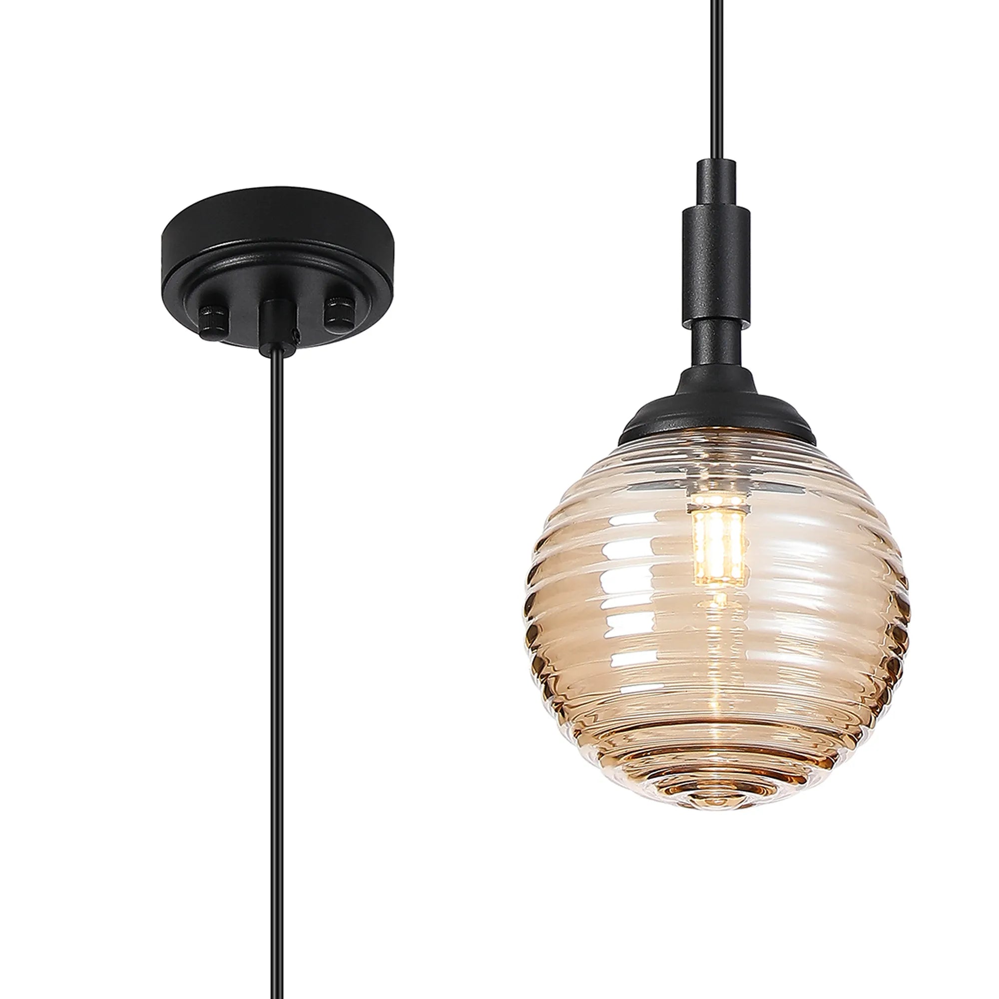 Dene Pendant 1 Light - IP44 Satin Black & Amber Ribbed Round Glass