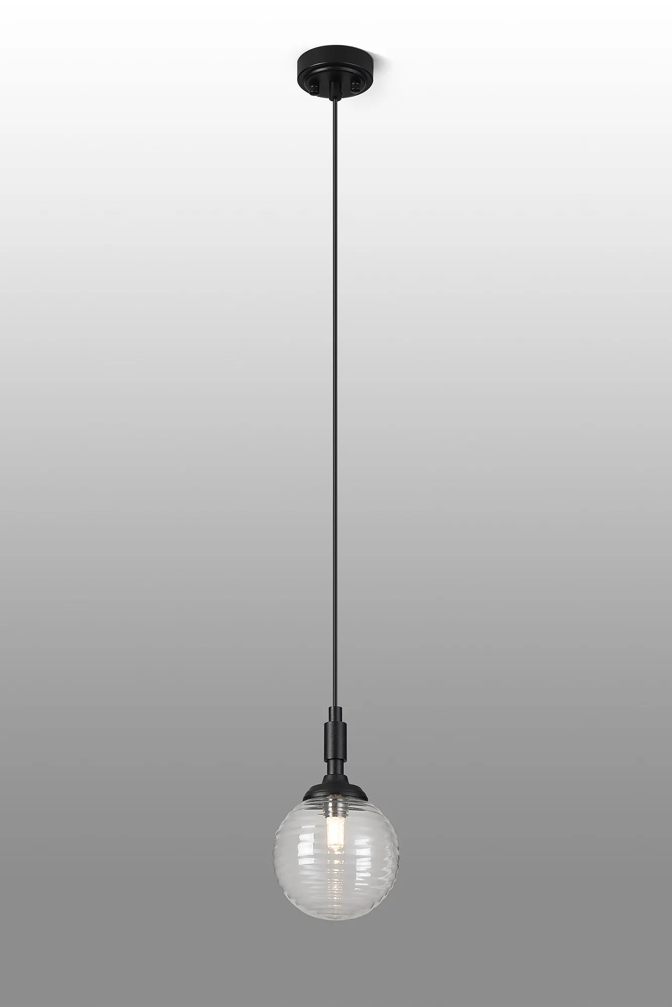 Dene Pendant 1 Light - IP44 Satin Black & Clear Ribbed Round Glass