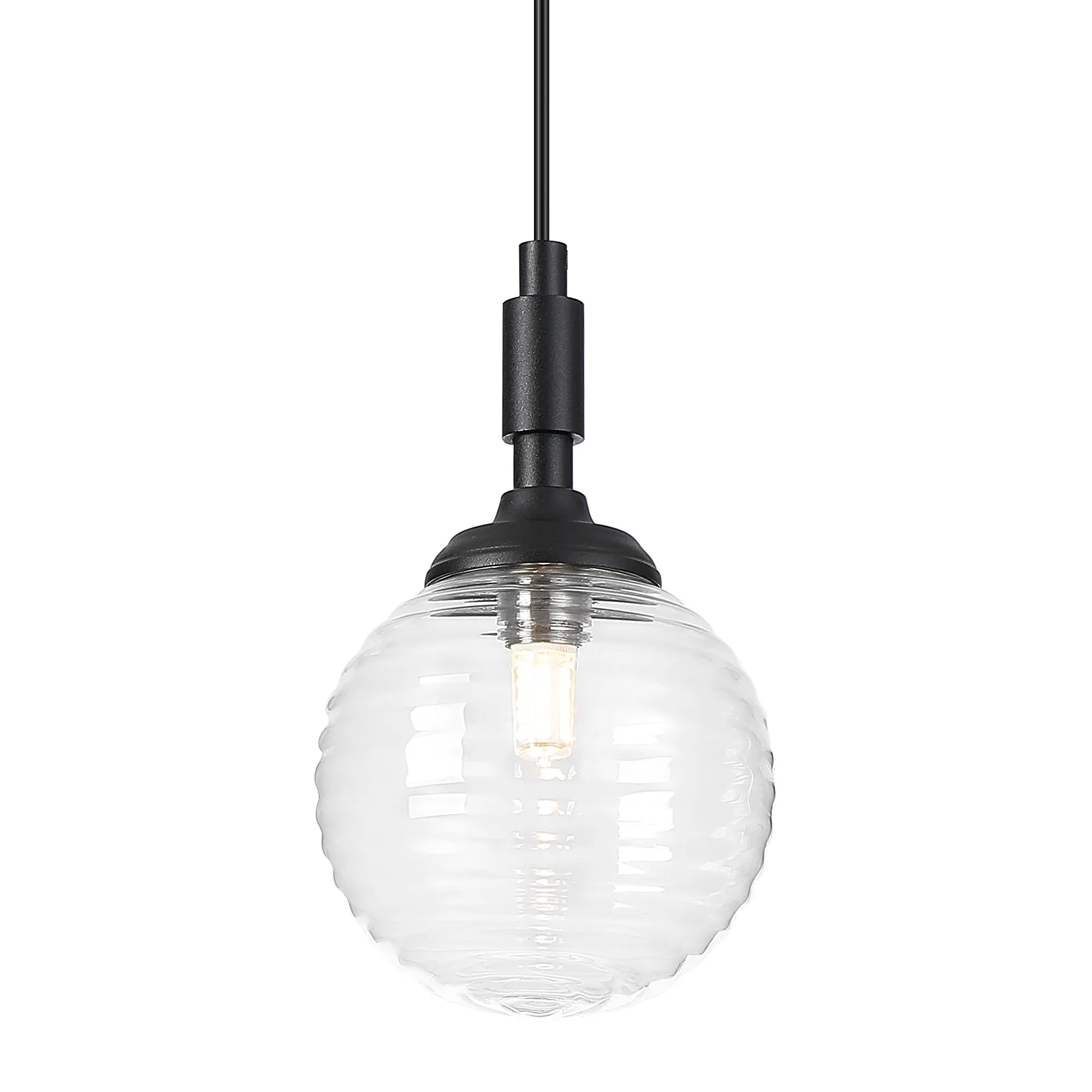 Dene Pendant 1 Light - IP44 Satin Black & Clear Ribbed Round Glass