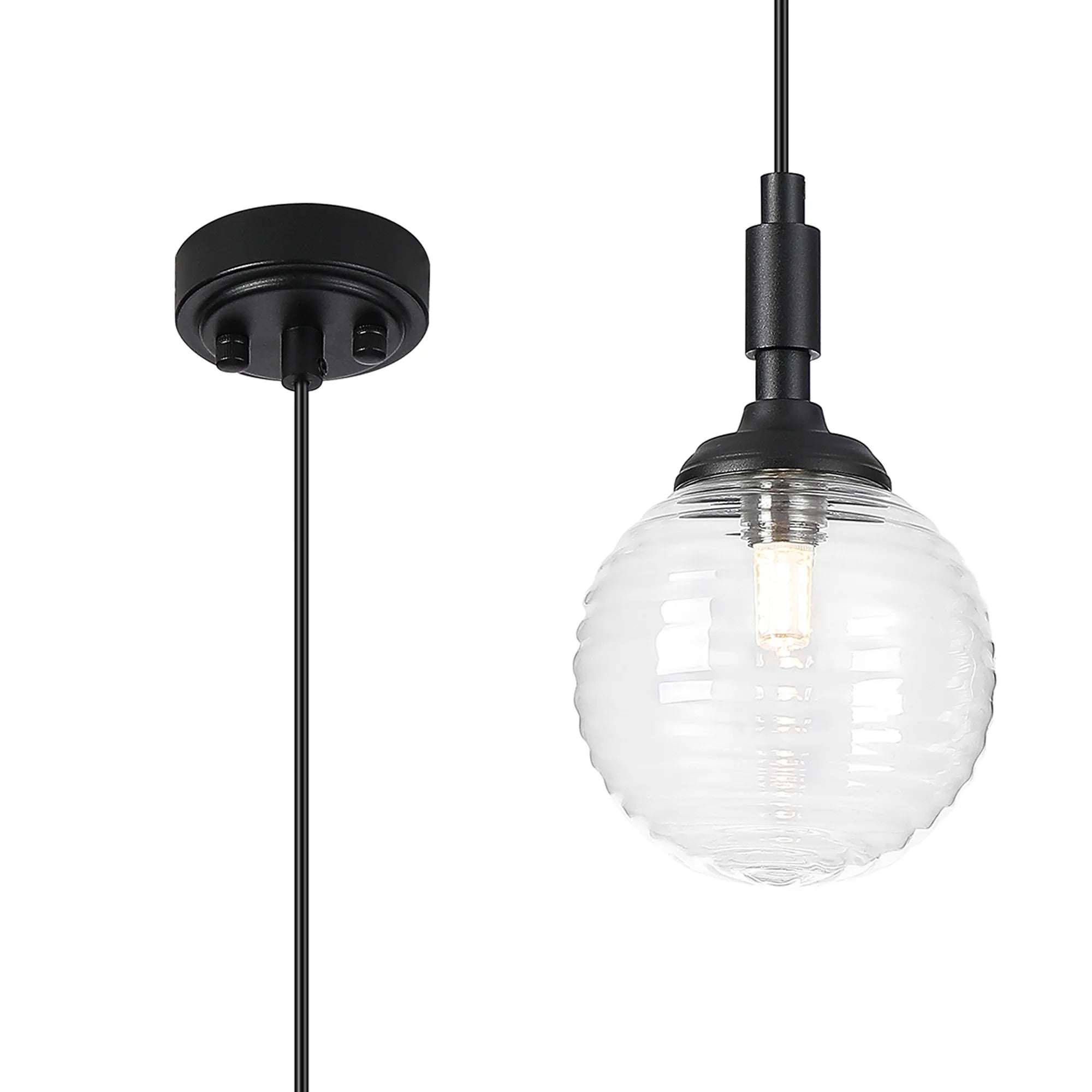 Dene Pendant 1 Light - IP44 Satin Black & Clear Ribbed Round Glass