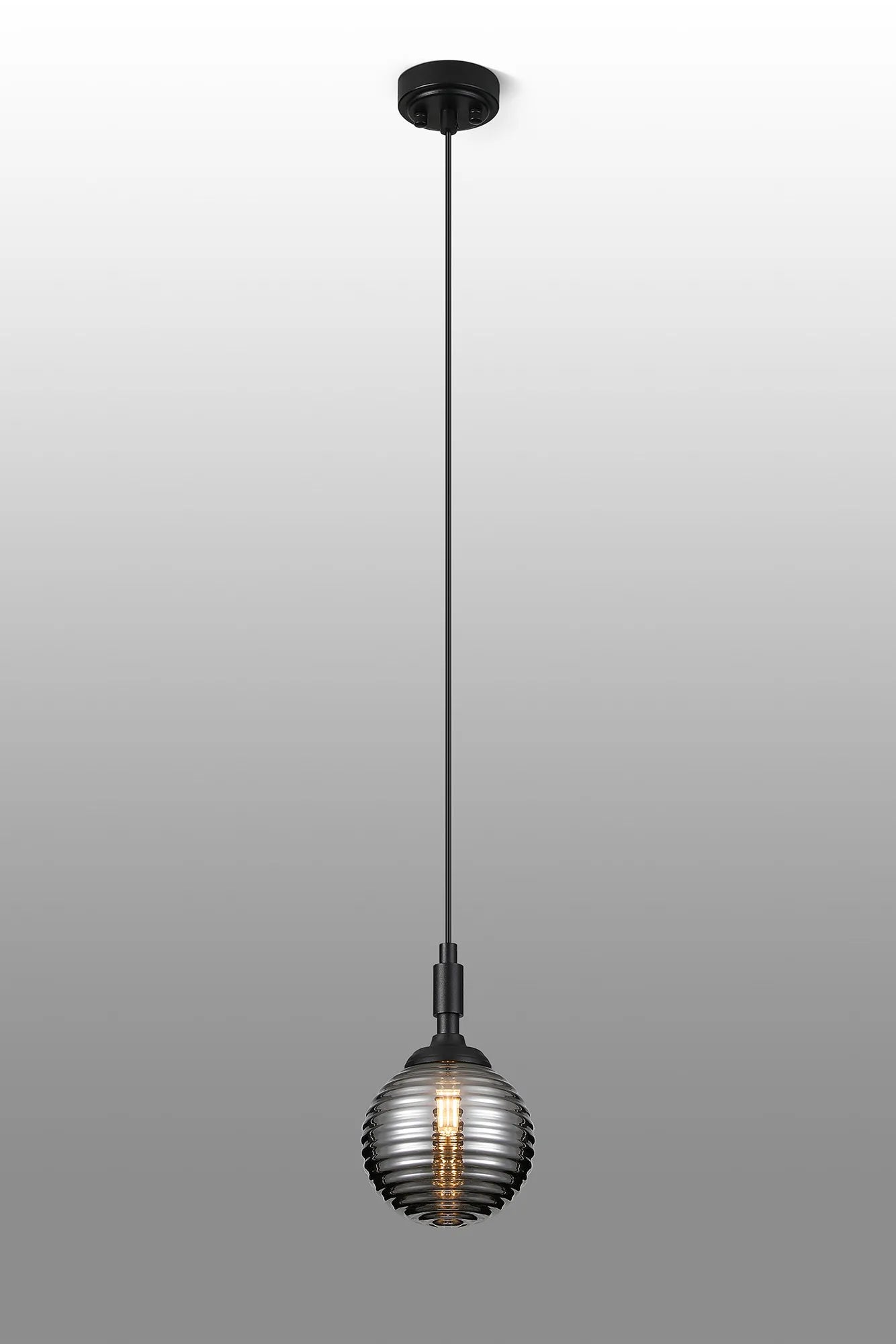 Dene Pendant 1 Light - IP44 Satin Black & Smoke Ribbed Round Glass