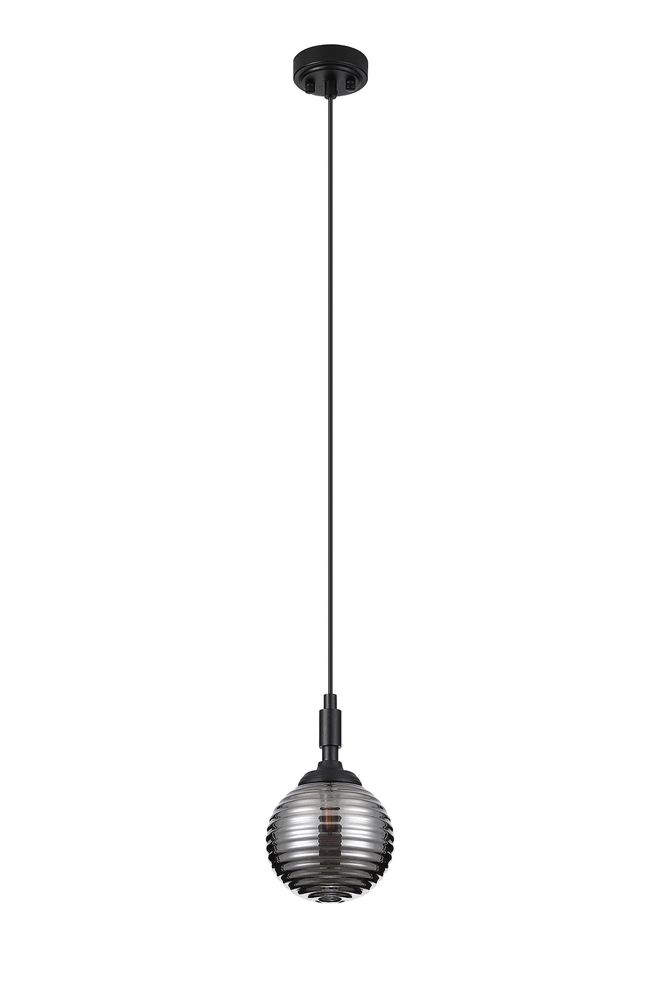 Dene Pendant 1 Light - IP44 Satin Black & Smoke Ribbed Round Glass
