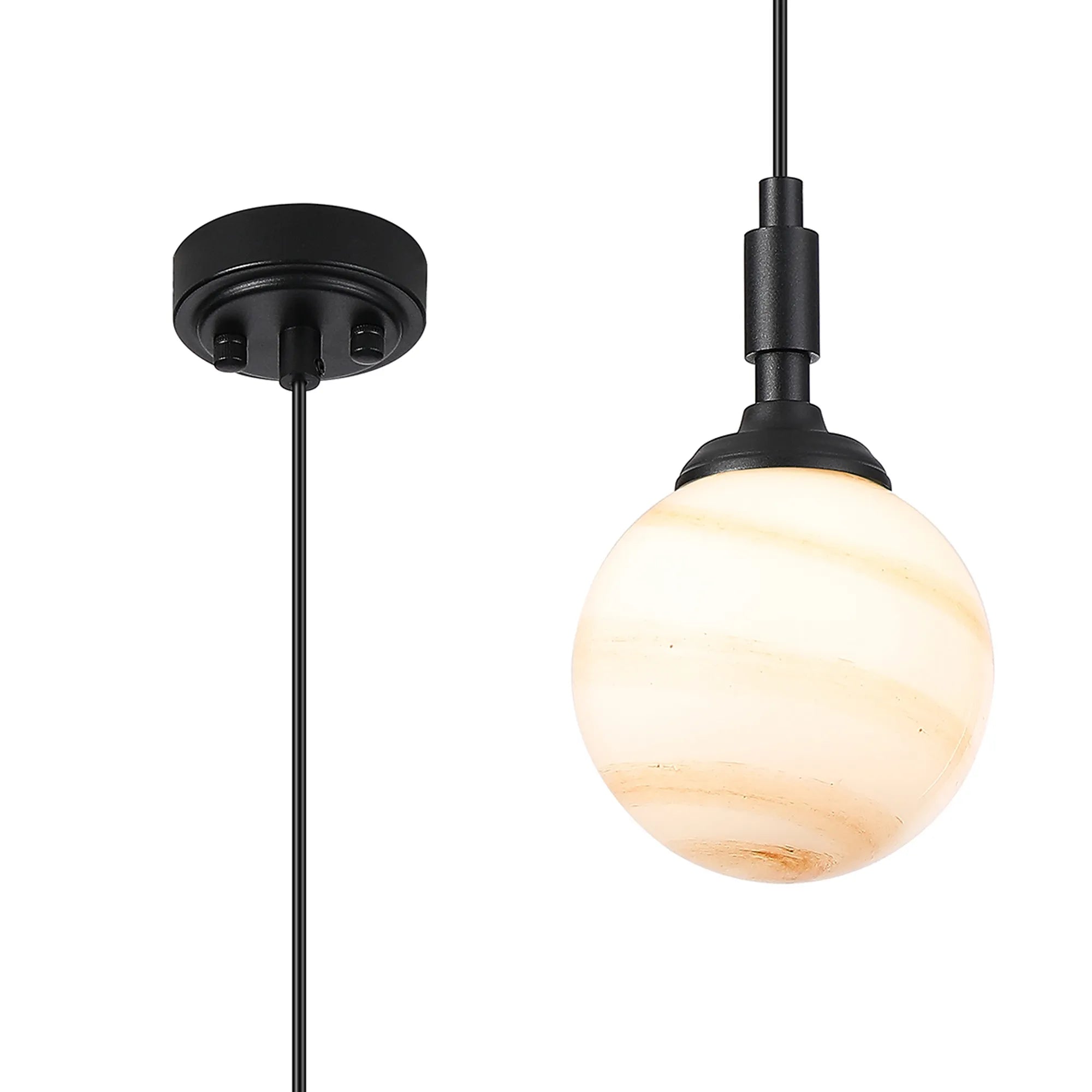 Dene Pendant 1 Light - IP44 Satin Black & Brown & White Round Marble Effect Glass