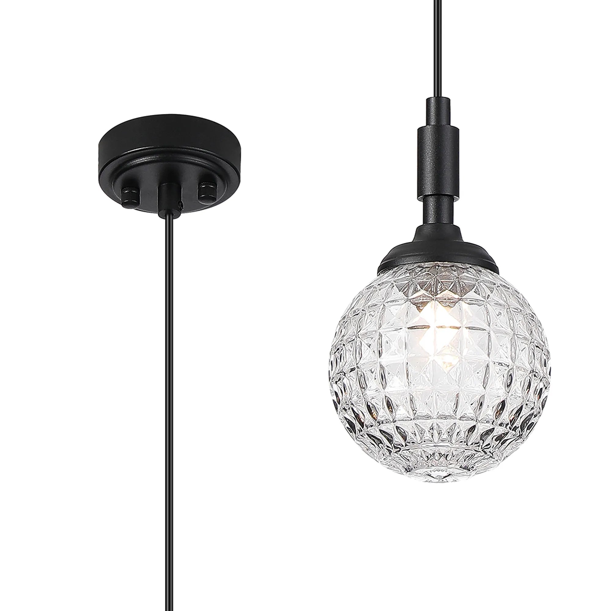 Dene Pendant 1 Light - IP44 Satin Black & Clear Cross Pattern Round Glass