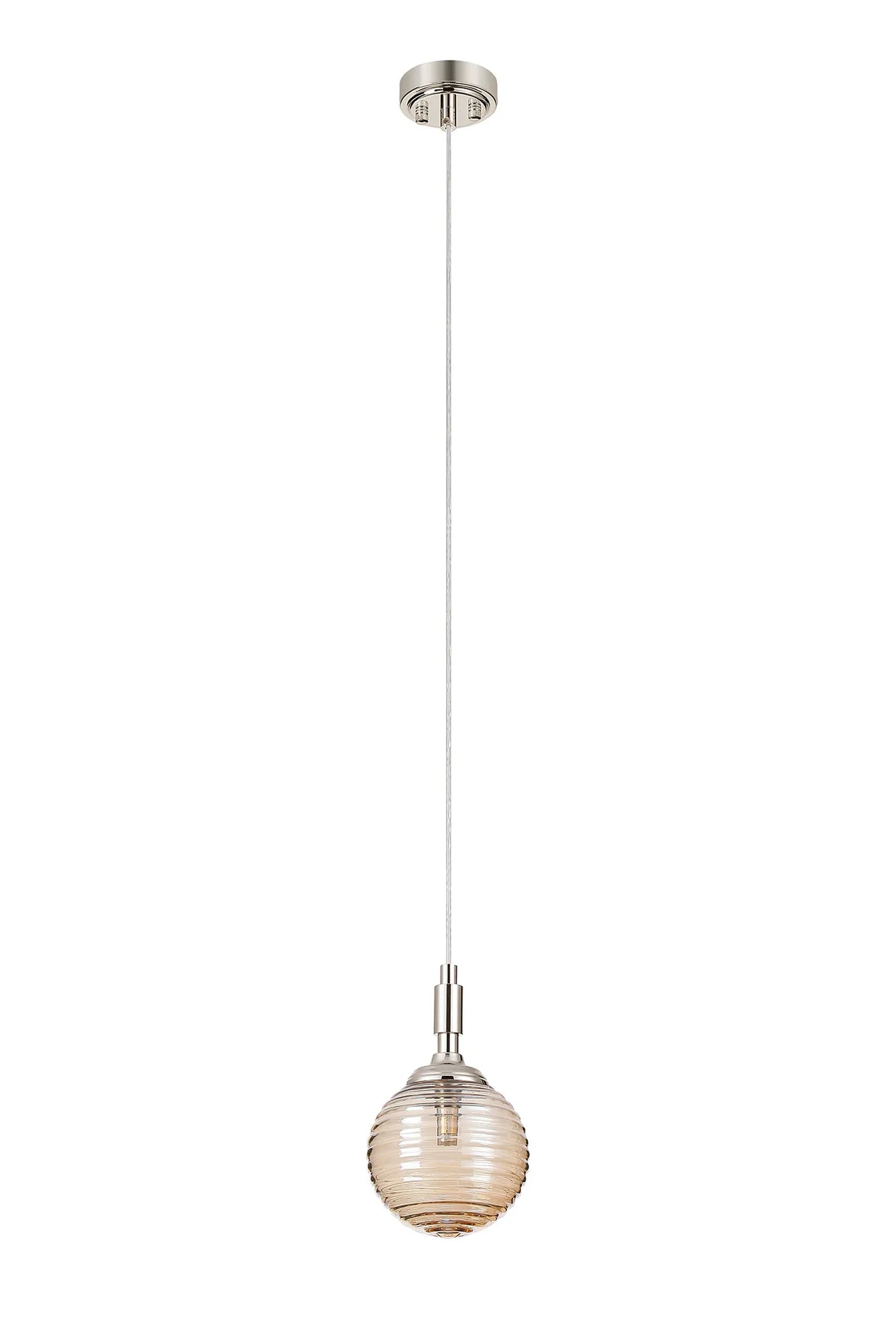 Dene Pendant 1 Light - IP44 Polished Nickel & Amber Ribbed Round Glass
