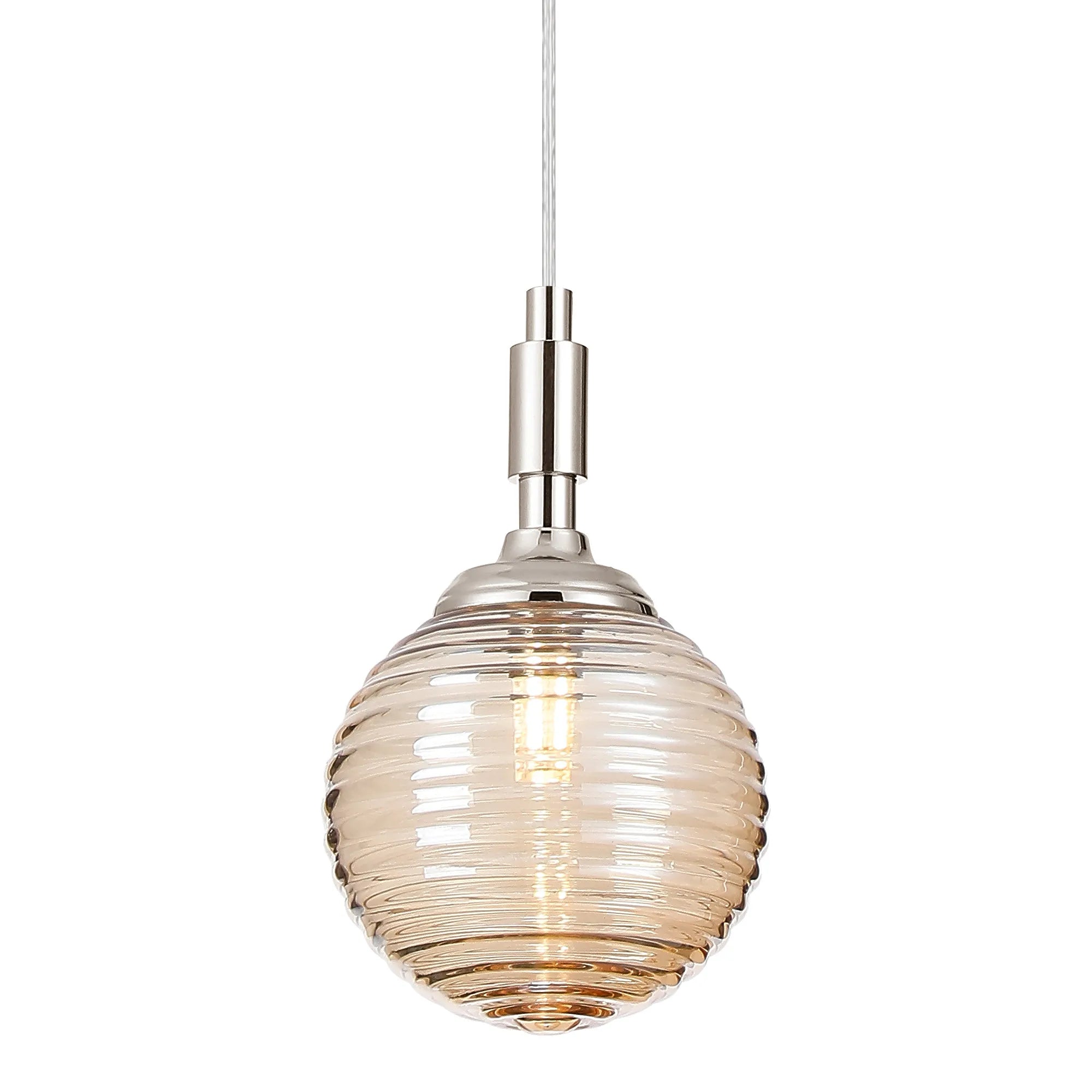 Dene Pendant 1 Light - IP44 Polished Nickel & Amber Ribbed Round Glass