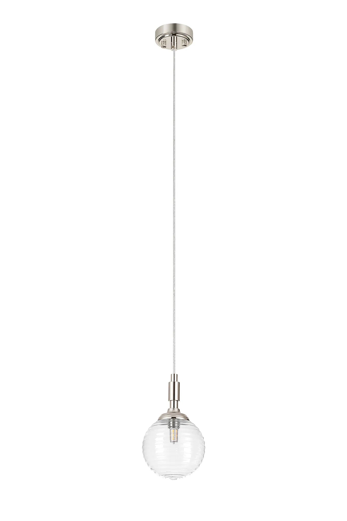 Dene Pendant 1 Light - IP44 Polished Nickel & Clear Ribbed Round Glass