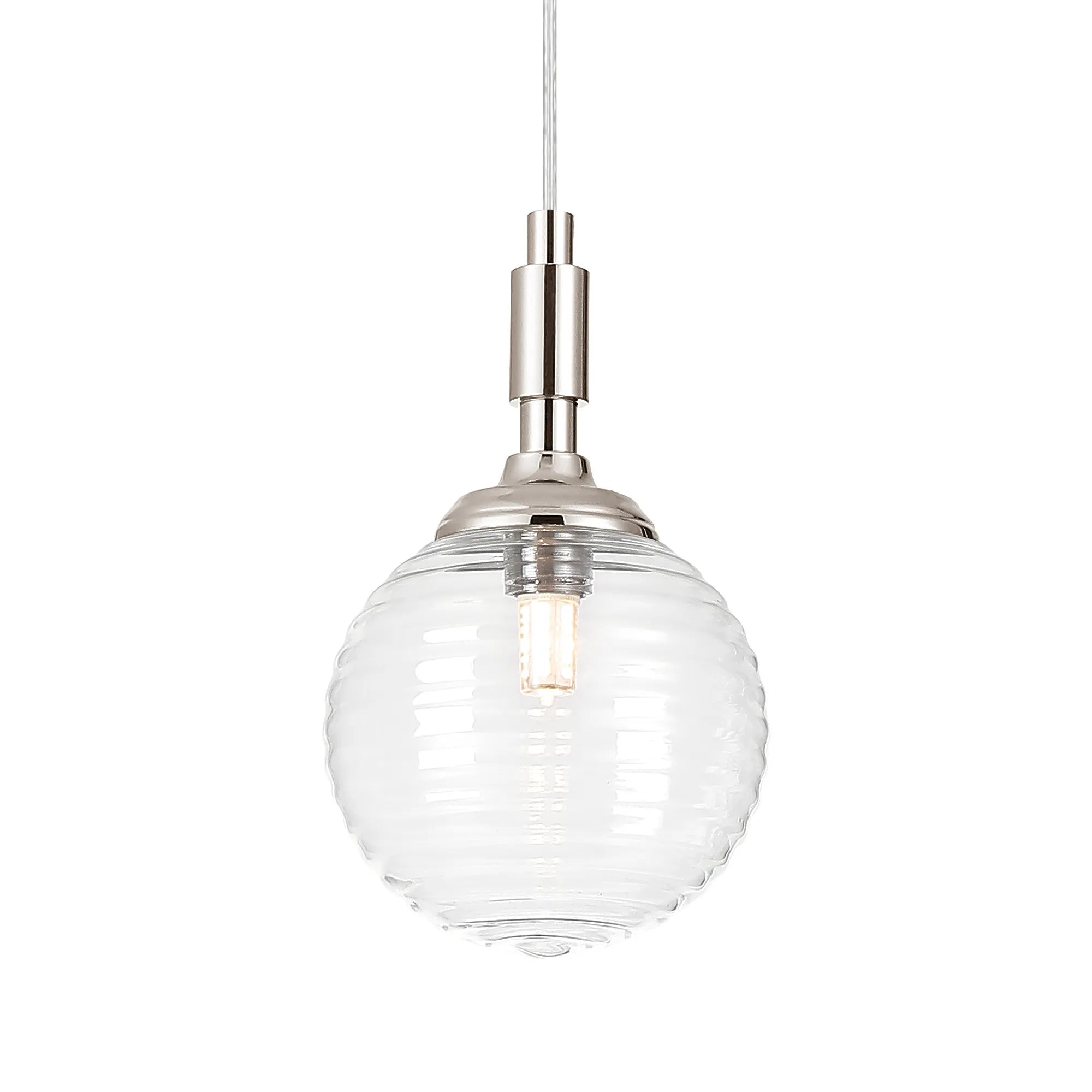 Dene Pendant 1 Light - IP44 Polished Nickel & Clear Ribbed Round Glass