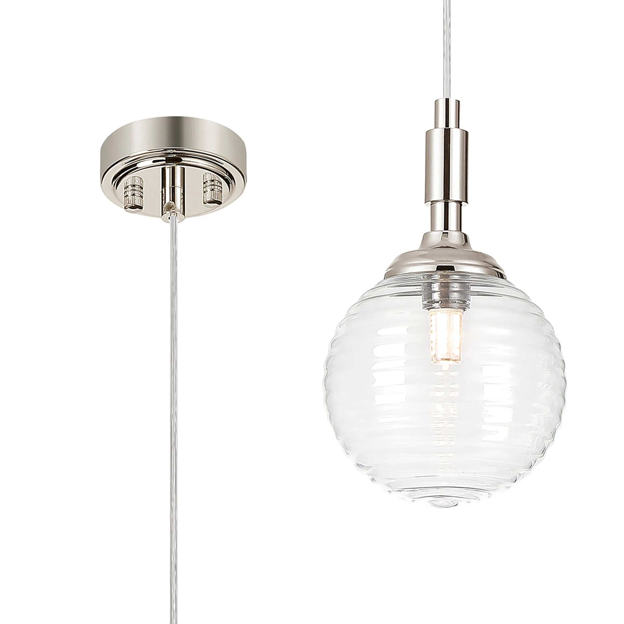 Dene Pendant 1 Light - IP44 Polished Nickel & Clear Ribbed Round Glass