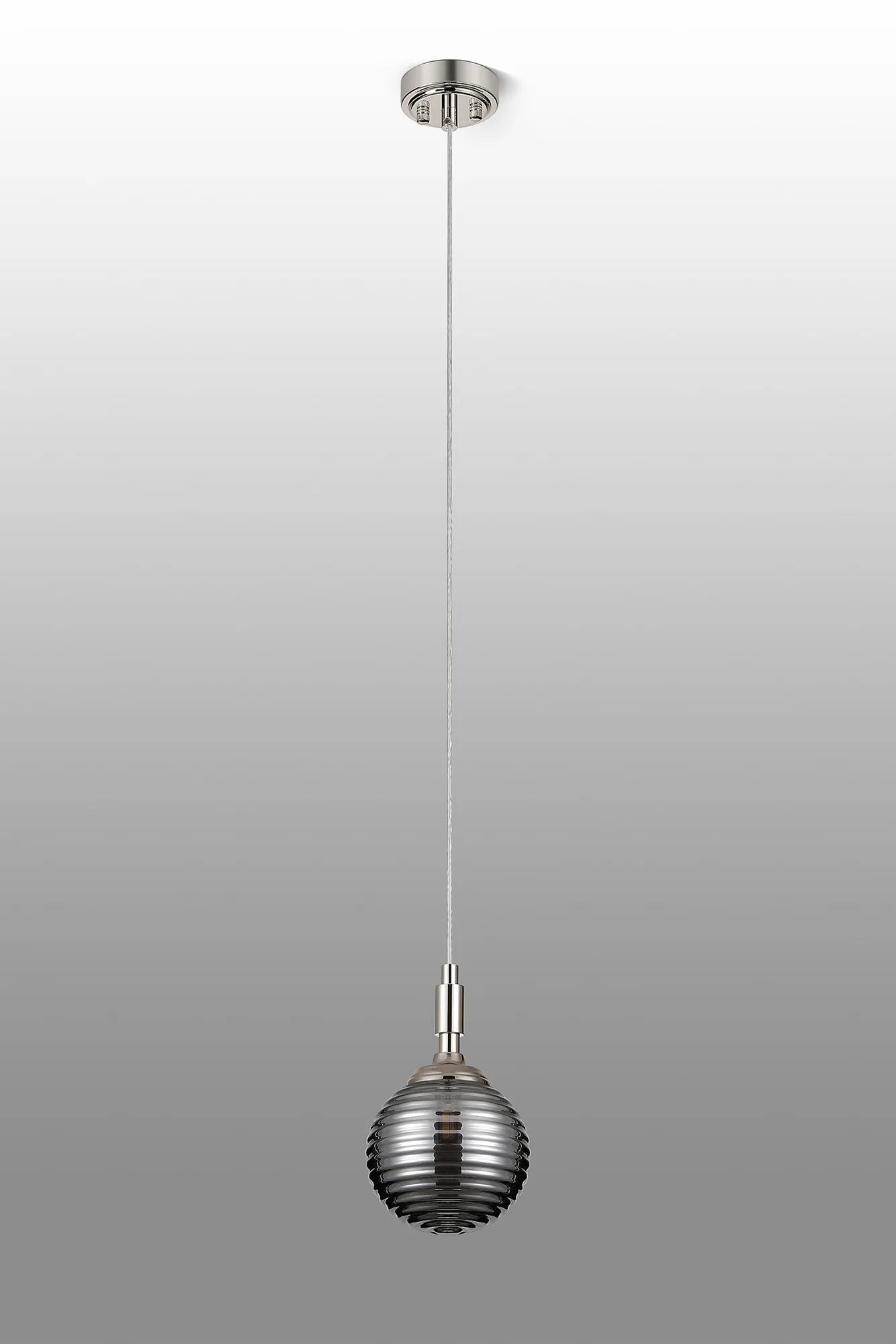 Dene Pendant 1 Light - IP44 Polished Nickel & Smoke Ribbed Round Glass